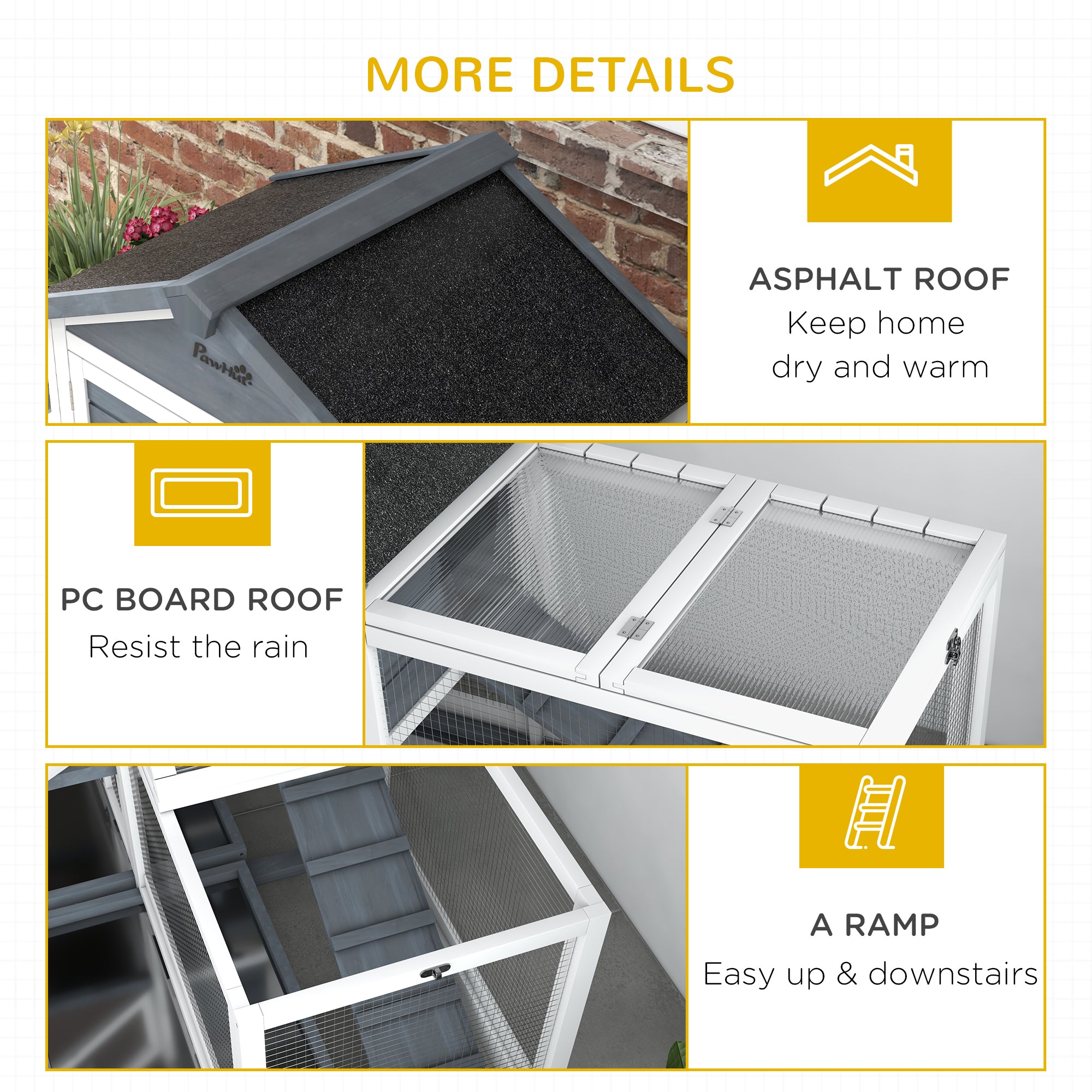 PawHut 65" Wooden Rabbit Hutch, Guinea Pig hutch, Pet Playpen with Openable Roof, Bunny House Enclosure with Wheels, Storage Box, Slide-out Tray, Ramp for Small Animals, Gray