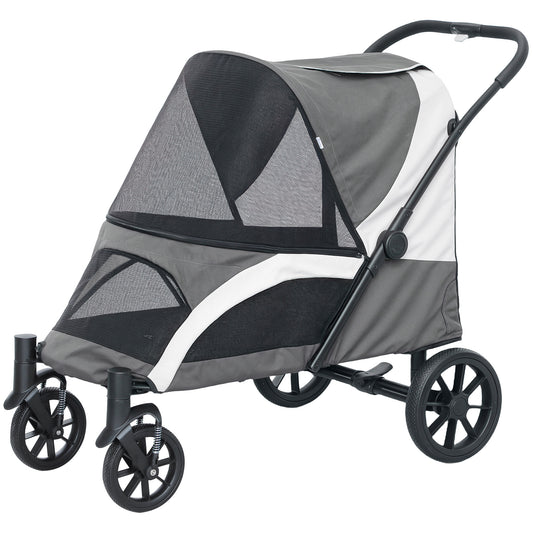 Dog Stroller, Easy Folding Pet Stroller for Large Dogs, Puppy Pram Pet Pushchair with 4 Big Wheels, Shock-Absorbing Frame, Safety Leashes, Brakes, Dark Grey