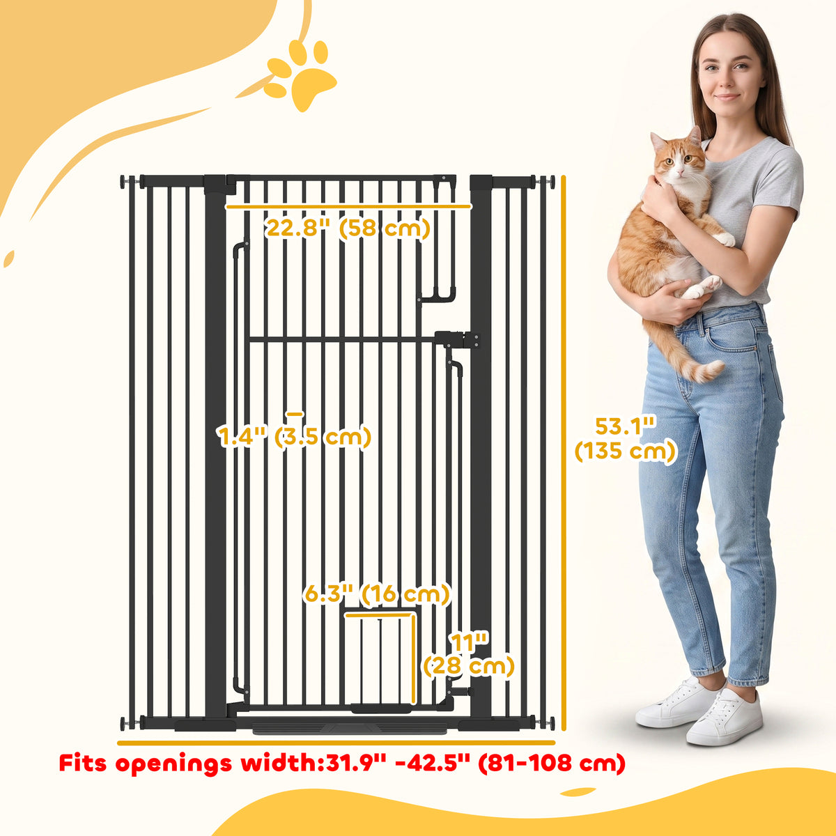 53.1" Tall Pet Gate with Cat Door, 32"-42.5" Wide Adjustable Pressure Mounted Dog Gate for Doorways, Hallways, Stairs, Includes 2 Extensions, No Drilling, Black