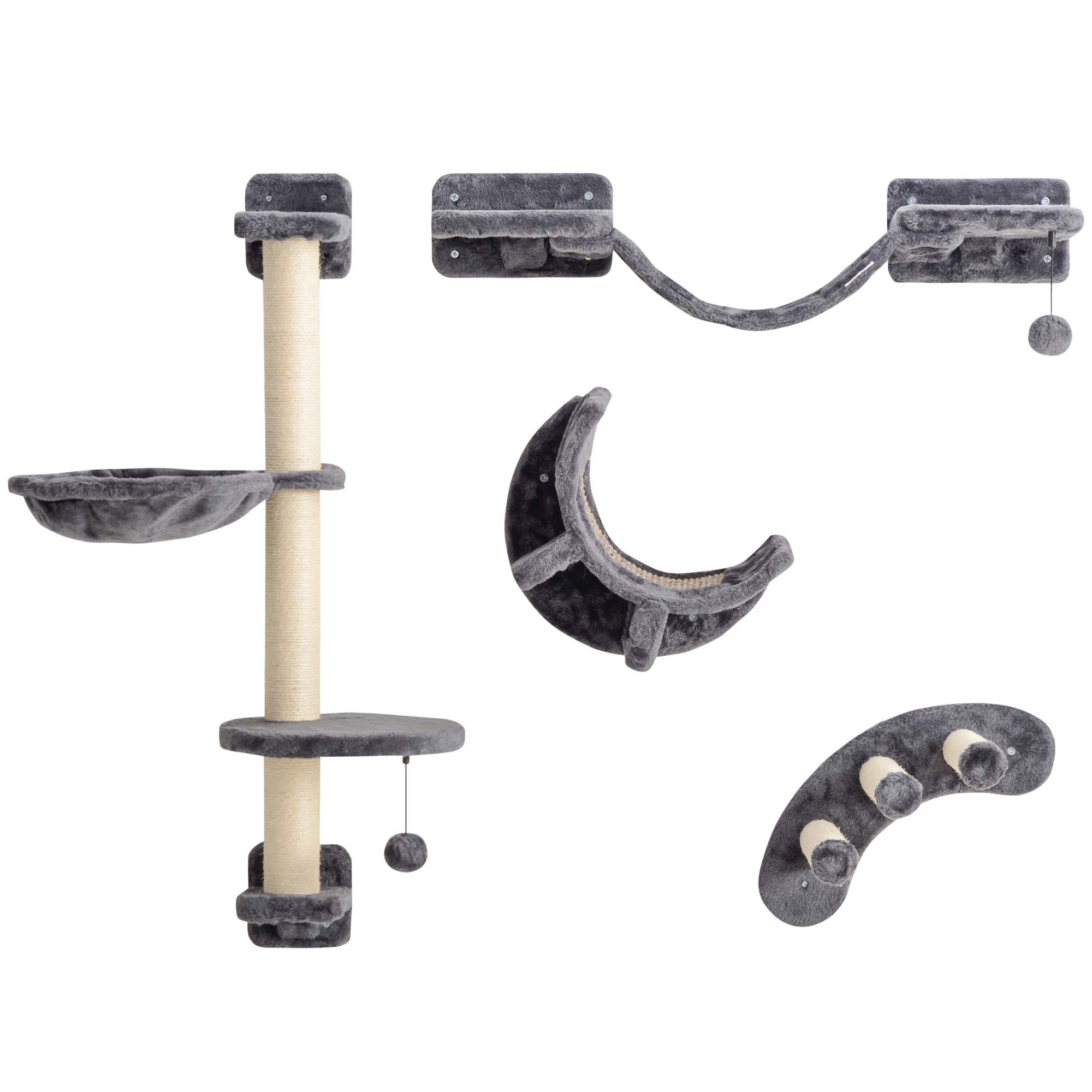 4 Piece Cat Shelves, Cat Wall Furniture with Hammock, Scratching Posts, Soft Ladder, Steps, Jump Platforms, for Indoor Kittens - Dark Grey