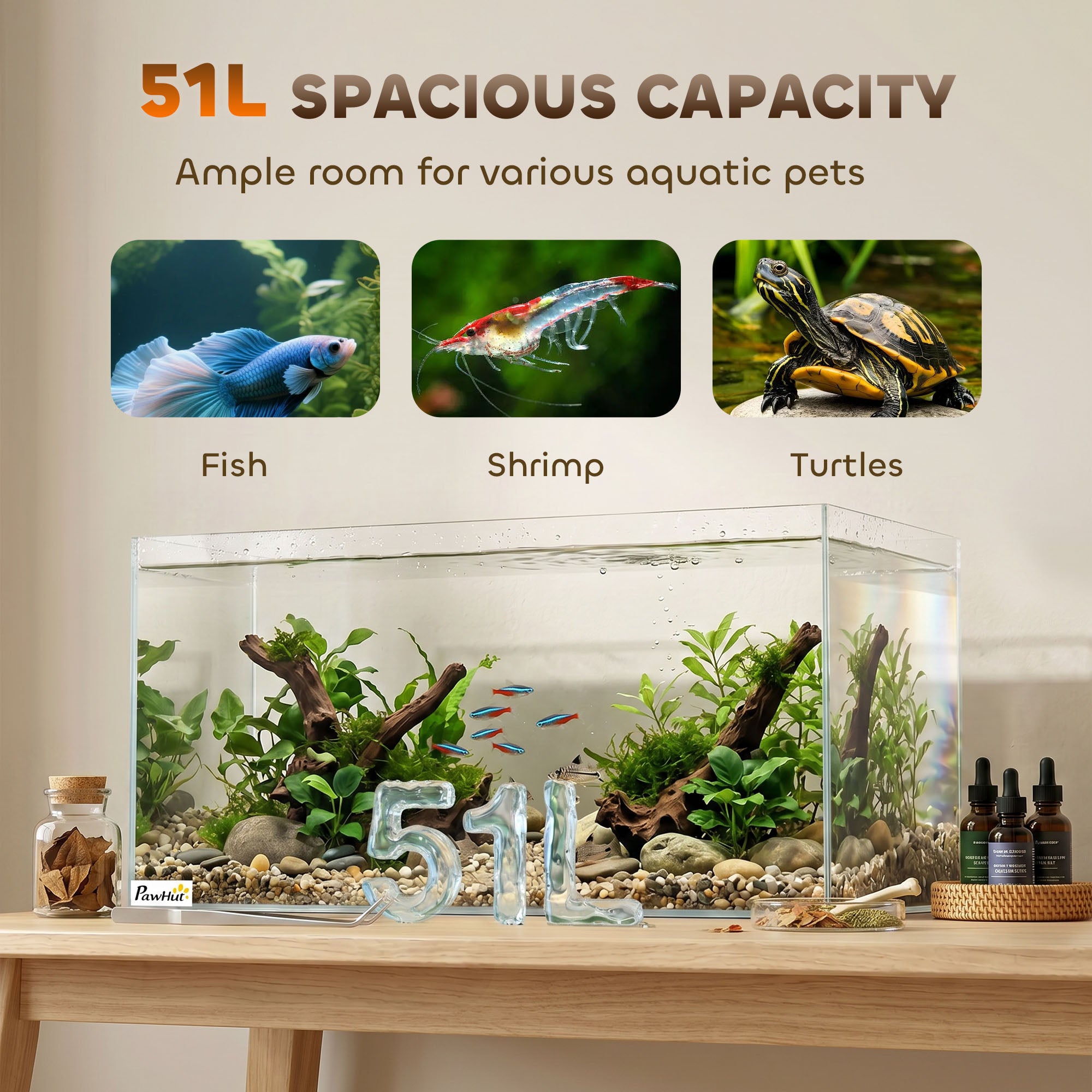 51L Fish Tank, Glass Aquarium, Small Fish Tank with Protective Base Mat, for Shrimps, Turtles, Transparent, 60 x 30 x 30 cm