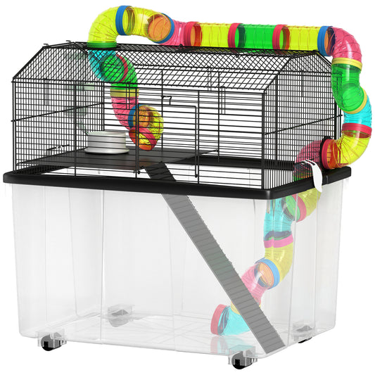 Hamster Cage, 2 Tier Gerbil Cage with 31cm Deep Tray, Tube System, Water Bottle, Ramp, Feeding Bowl, 58 x 43 x 57cm, Multicoloured