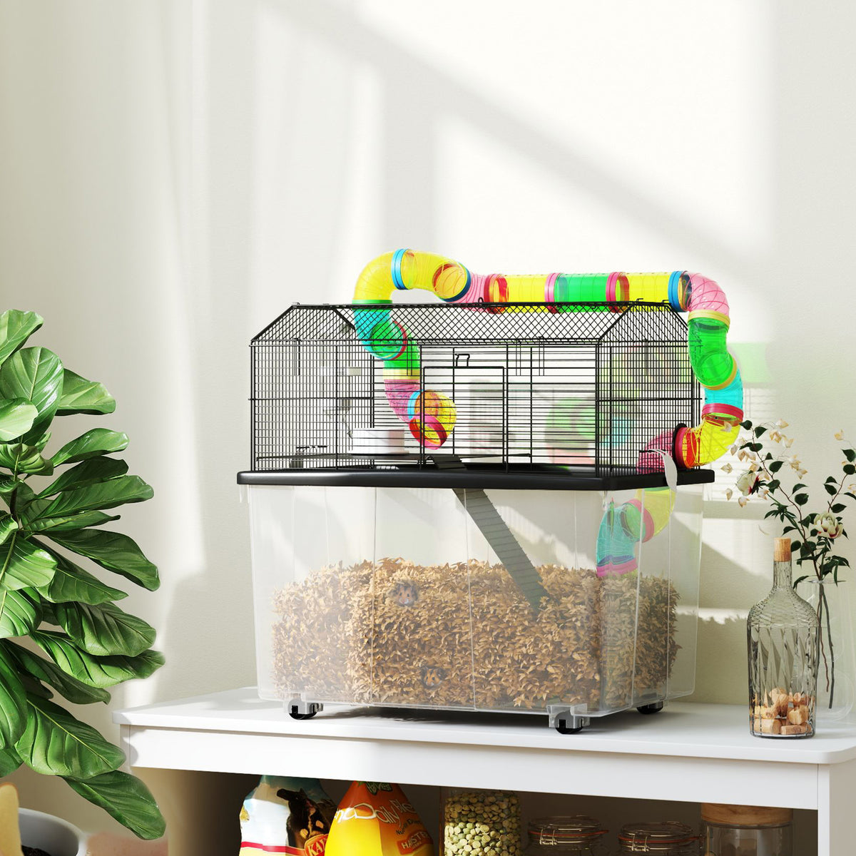 PawHut 2 Tier Hamster Cage, Gerbil Cage with 31cm Deep Tray, Ramp and ...