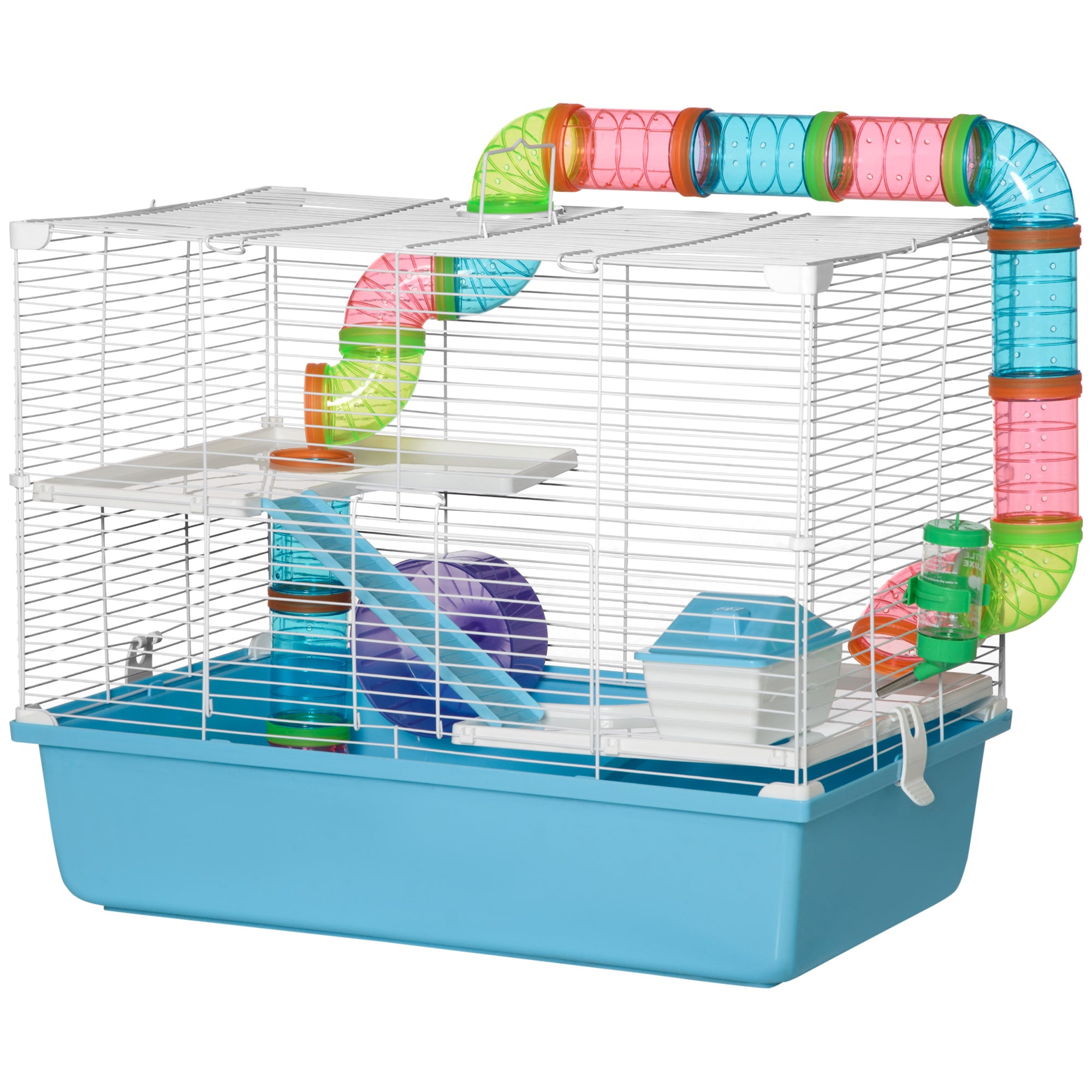 Hamster Cage, Small Animal House, 3-Level Guinea Pig Cage Gerbil Haven, Tunnel Tube System, with Water Bottle, Exercise Wheel, Food Dish, Ramps, Light Blue