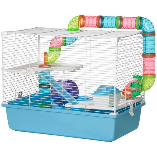 Hamster Cage, Small Animal House, 3-Level Guinea Pig Cage Gerbil Haven, Tunnel Tube System, with Water Bottle, Exercise Wheel, Food Dish, Ramps, Light Blue