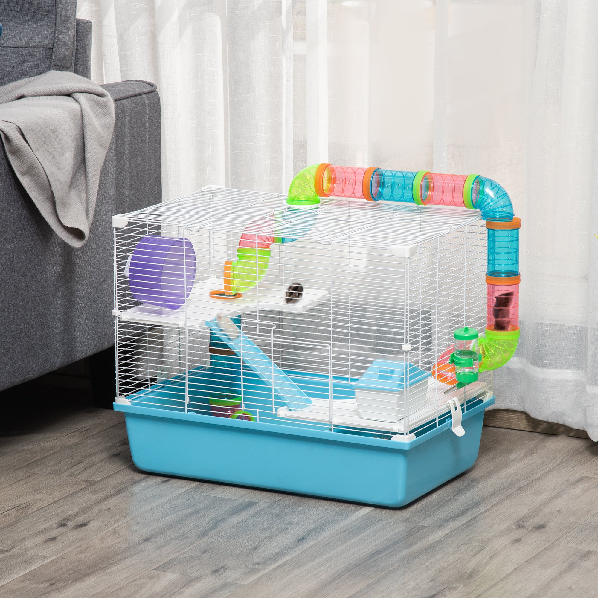 Hamster Cage, Small Animal House, 3-Level Guinea Pig Cage Gerbil Haven, Tunnel Tube System, with Water Bottle, Exercise Wheel, Food Dish, Ramps, Light Blue