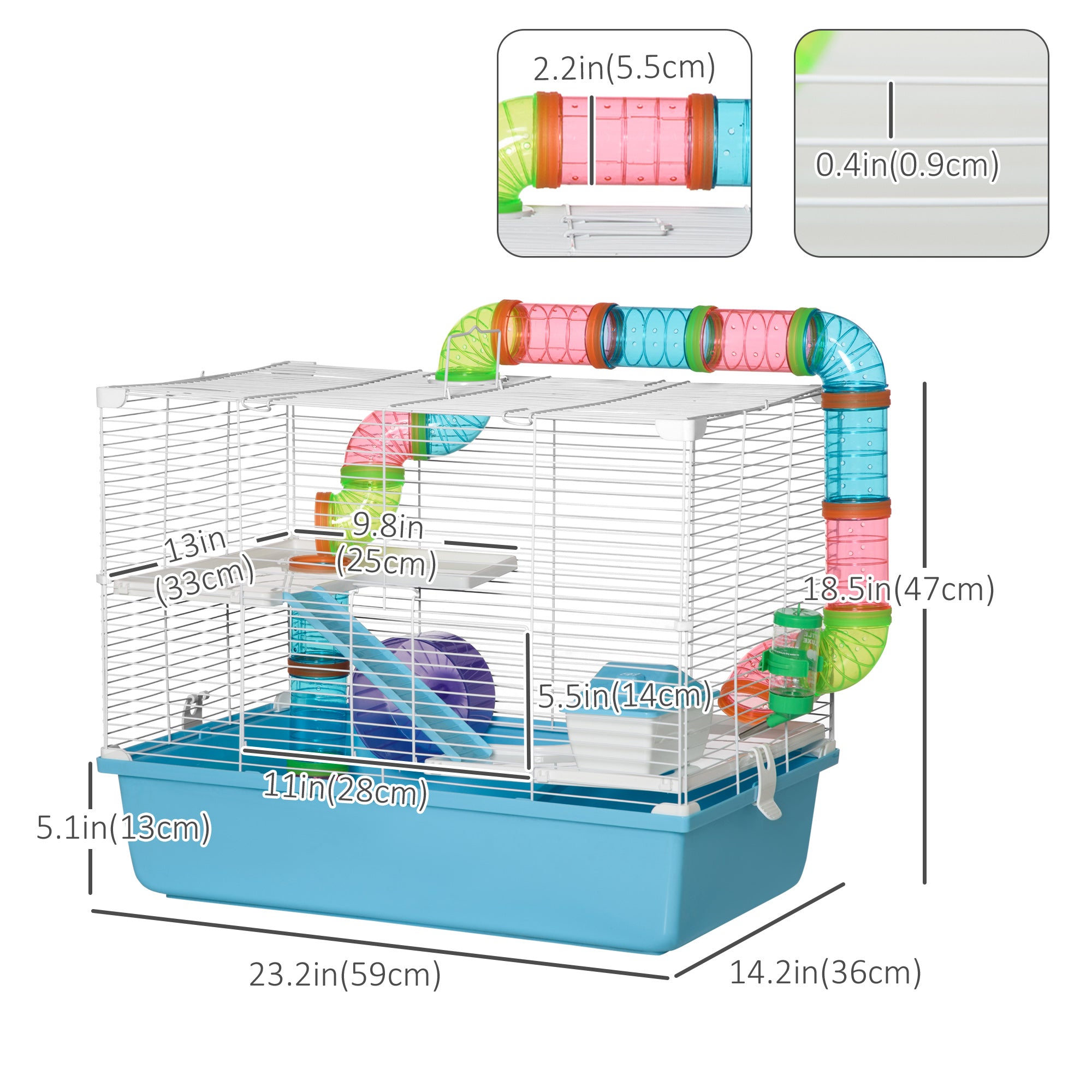 Hamster Cage, Small Animal House, 3-Level Guinea Pig Cage Gerbil Haven, Tunnel Tube System, with Water Bottle, Exercise Wheel, Food Dish, Ramps, Light Blue