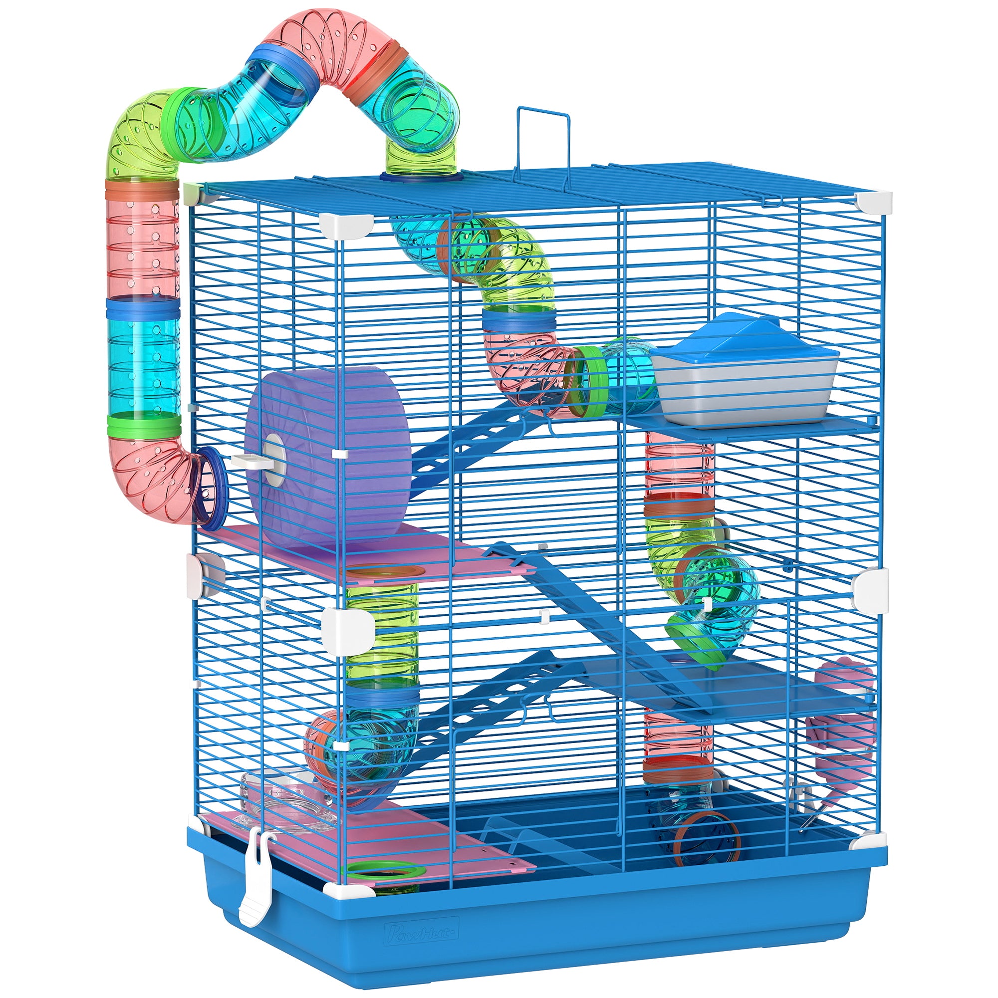 5 Tier Hamster Cage, Gerbil Cage with Tube Exercise Wheels, Tunnel, Water Bottle, Dishes, Blue, 58H x 46L x 30Wcm