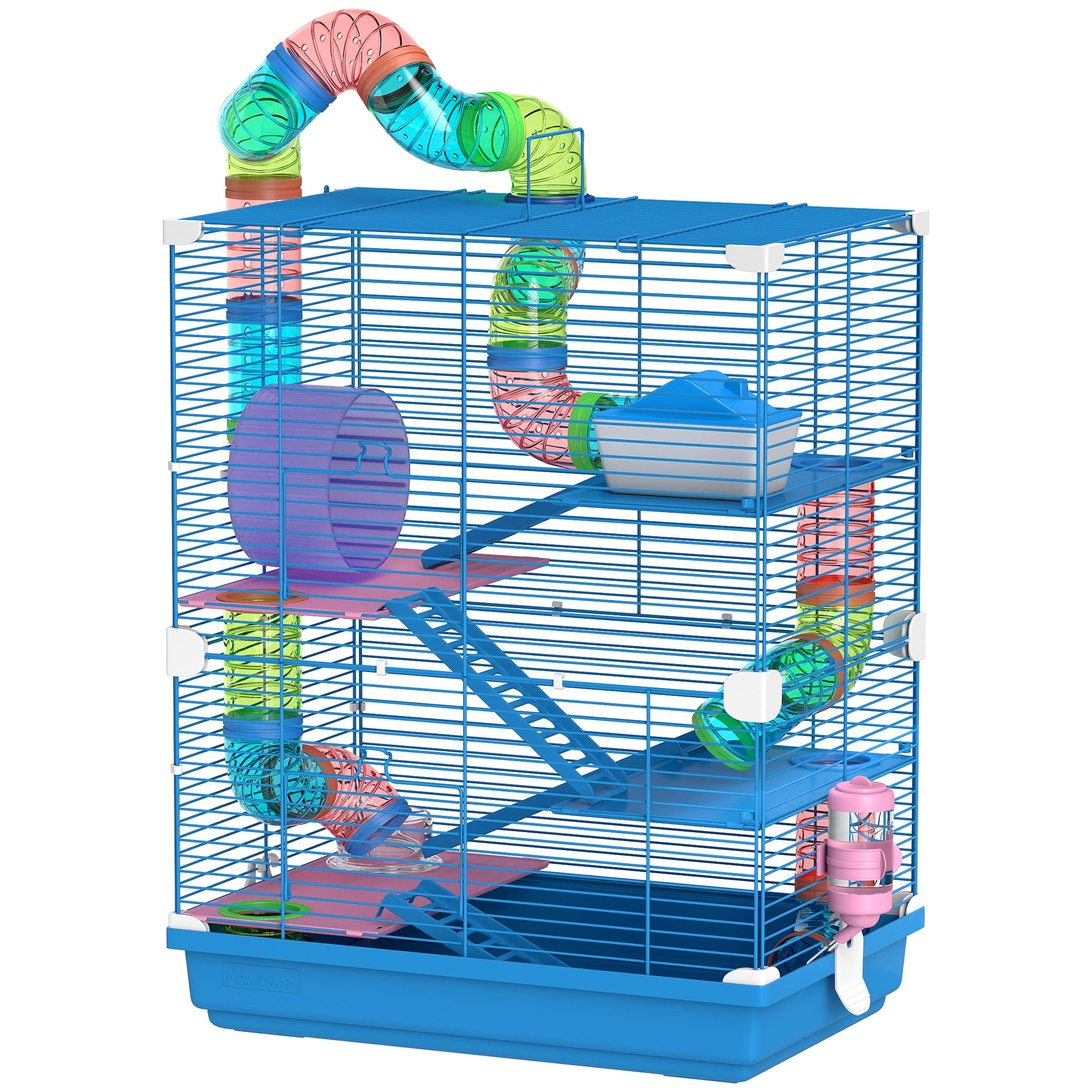 5 Tier Hamster Cage, Gerbil Cage with Tube Exercise Wheels, Tunnel, Water Bottle, Dishes, Blue, 58H x 46L x 30Wcm