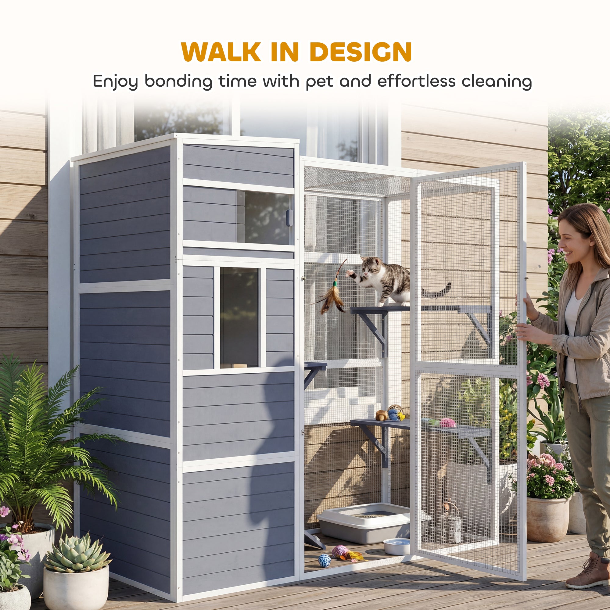 Wooden Catio, 4-Tier Catio Cat Outdoor Enclosure with All-Weather Sun Roof, Spacious Resting Rooms, 3 Platforms, Window for Multiple Cats Outdoor Indoor, Grey