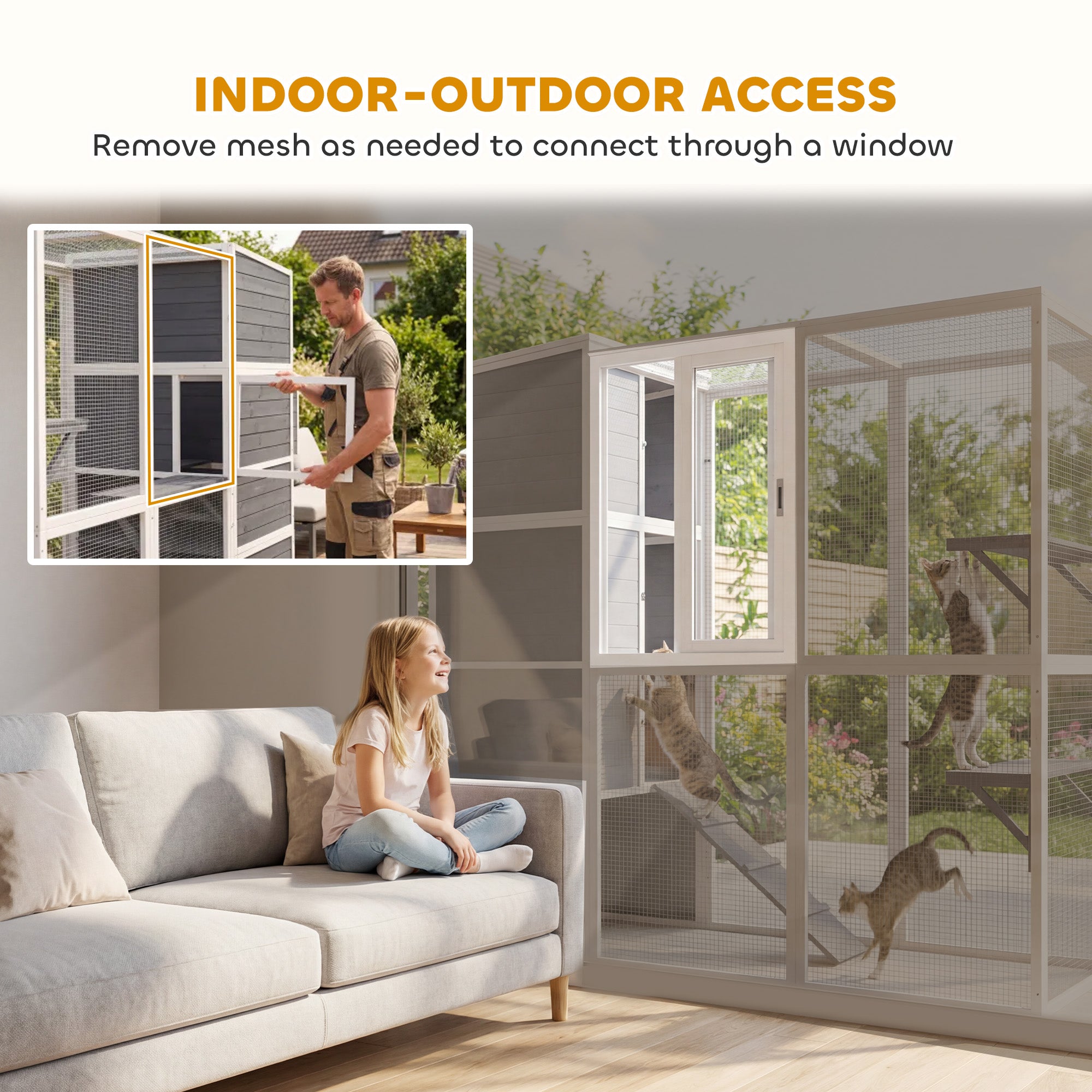 Wooden Catio, 4-Tier Catio Cat Outdoor Enclosure with All-Weather Sun Roof, Spacious Resting Rooms, 3 Platforms, Window for Multiple Cats Outdoor Indoor, Grey