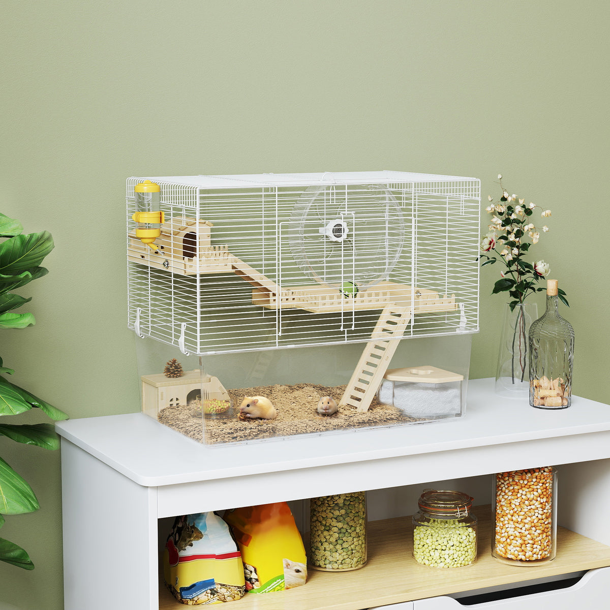 Hamster Ramp PawHut Hamster Cage with Wheel 2 Huts Platforms & Deep Base 23.2