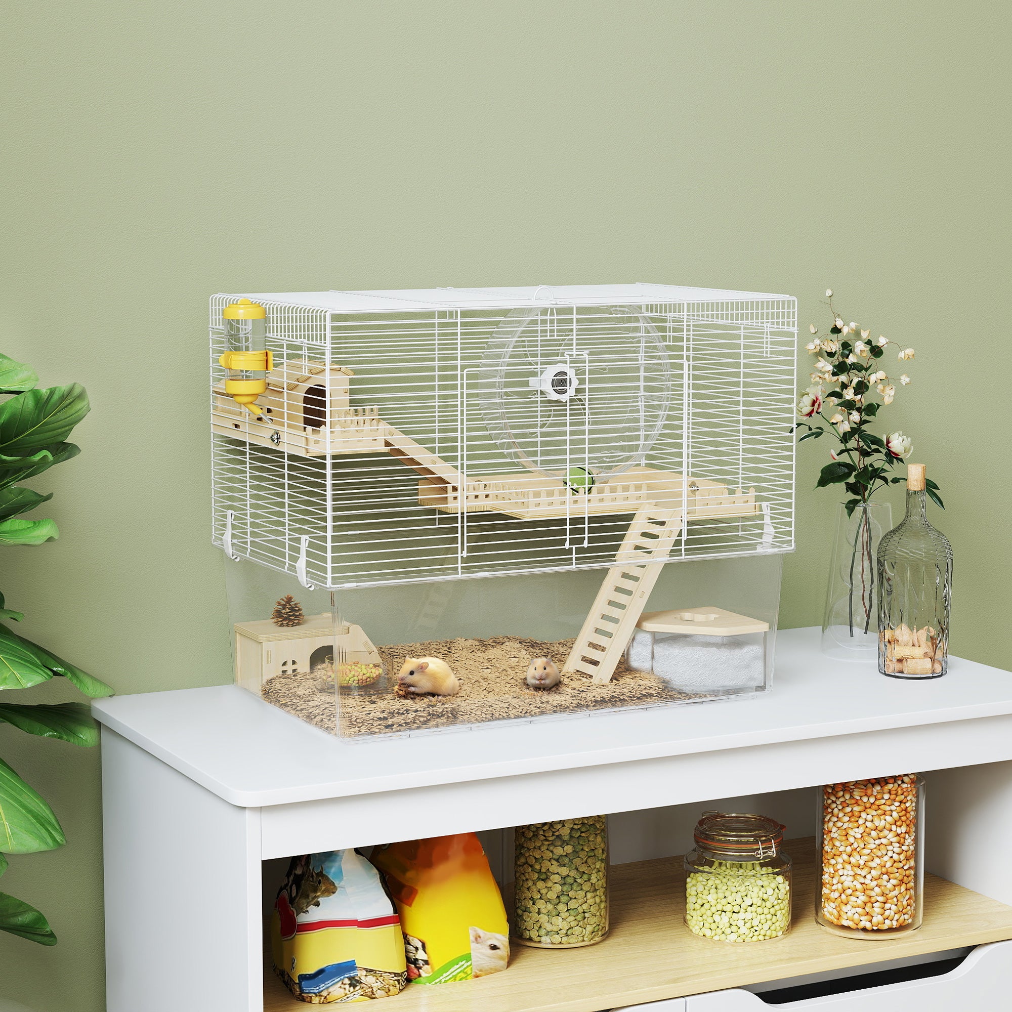 Hamster Cage, Transparent Small Animal House with Deep Bottom, Wooden Ramp, Hut, Bathroom and Exercise Wheel for Hamster and Gerbil, 23.2" L x 14" W x 18.5" H, Two Huts