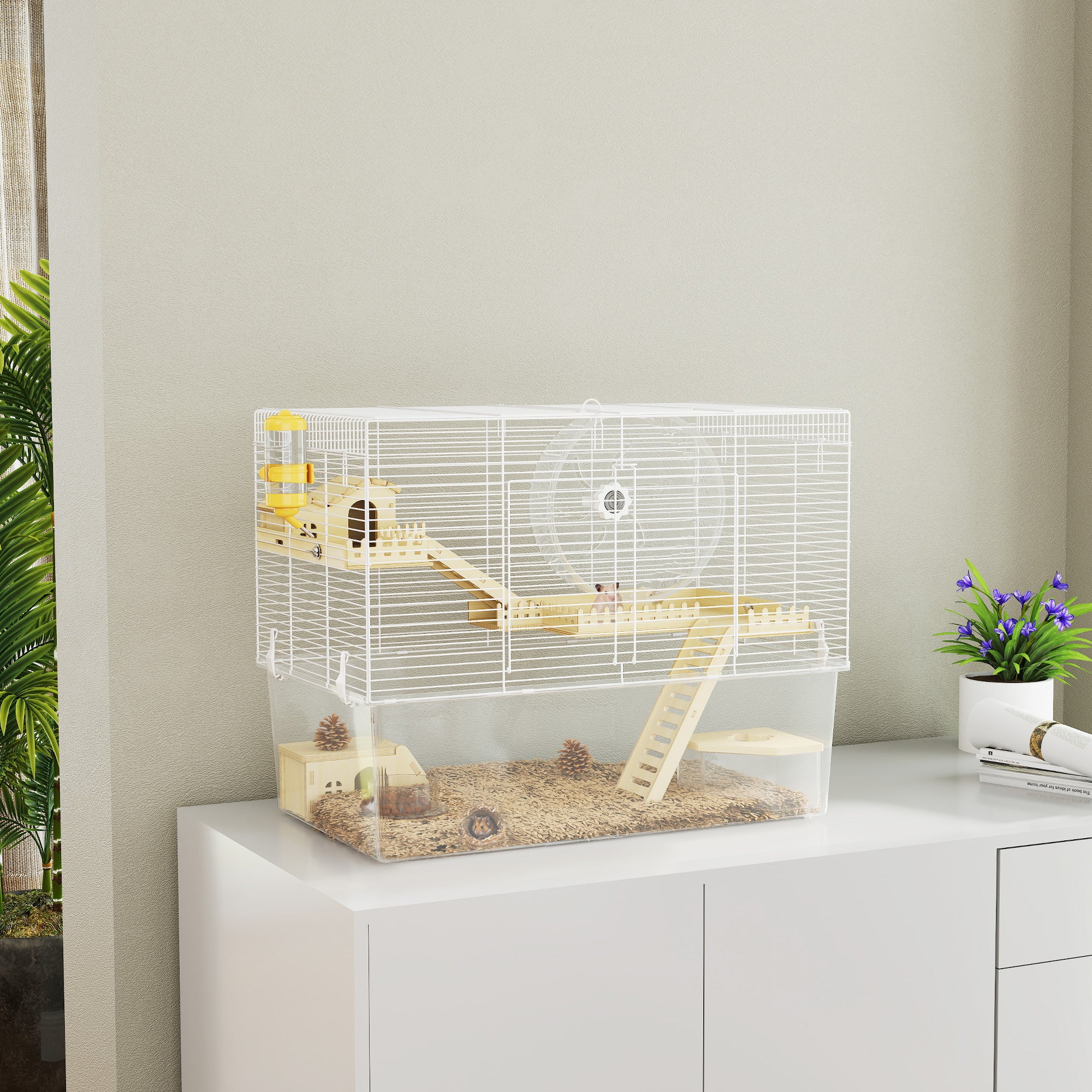 Hamster Cage, Transparent Small Animal House with Deep Bottom, Wooden Ramp, Hut, Bathroom and Exercise Wheel for Hamster and Gerbil, 23.2" L x 14" W x 18.5" H, Two Huts