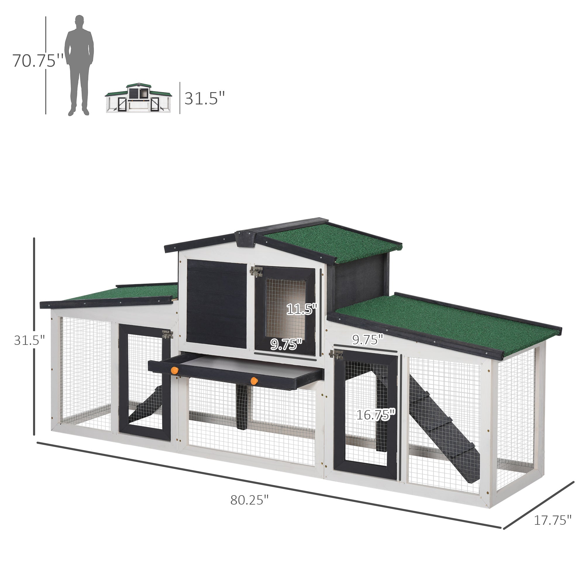 PawHut Large Rabbit Hutch with Double Runs, Wooden Guinea Pig Cage Outdoor, Bunny Cage with Removable Tray, Ramps, Roof, 78" x 19" x 34", Gray