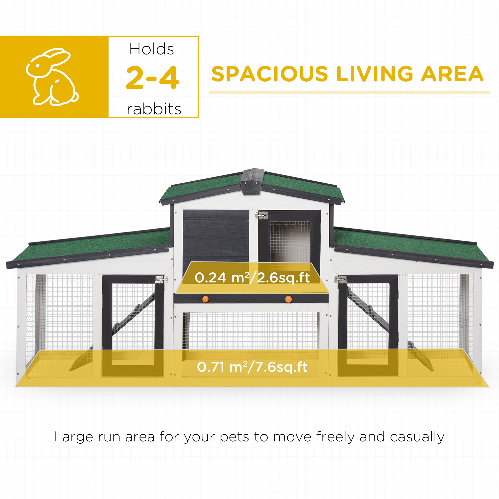 PawHut Large Rabbit Hutch with Double Runs, Wooden Guinea Pig Cage Outdoor, Bunny Cage with Removable Tray, Ramps, Roof, 78" x 19" x 34", Gray