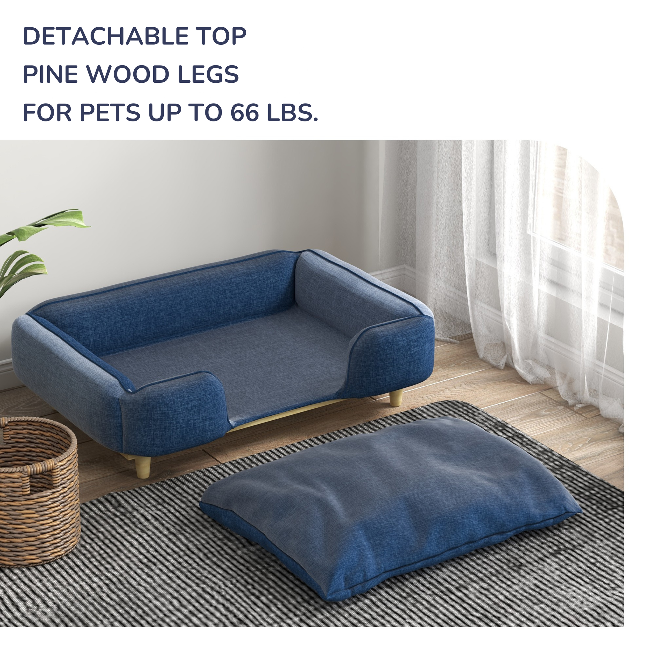 Dog Couch with Thick Cushion & Stable Pine Wood Legs, for Large-Sized Dogs, Dark Blue