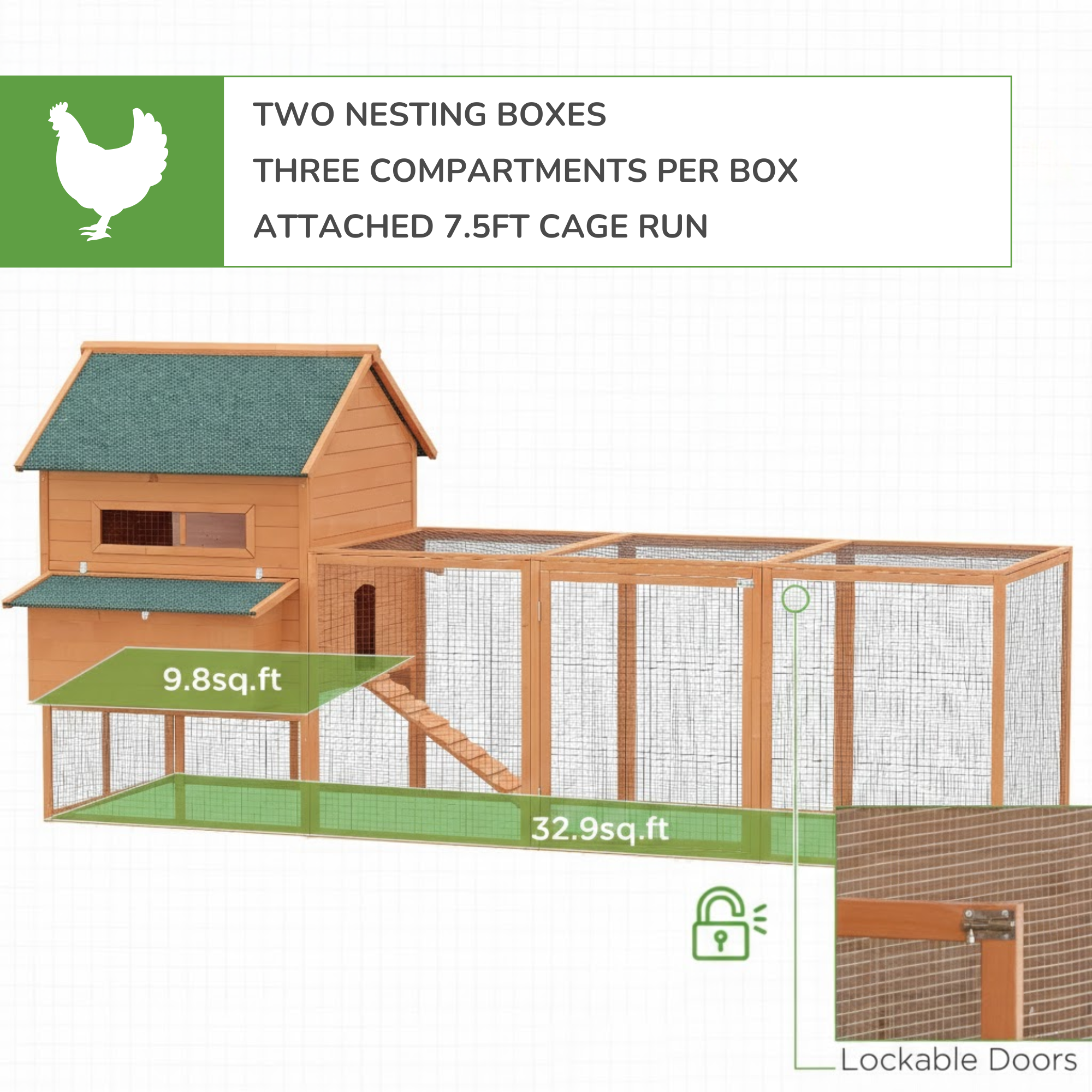 137" Large Wooden Coop with 2 Nesting Boxes Orange