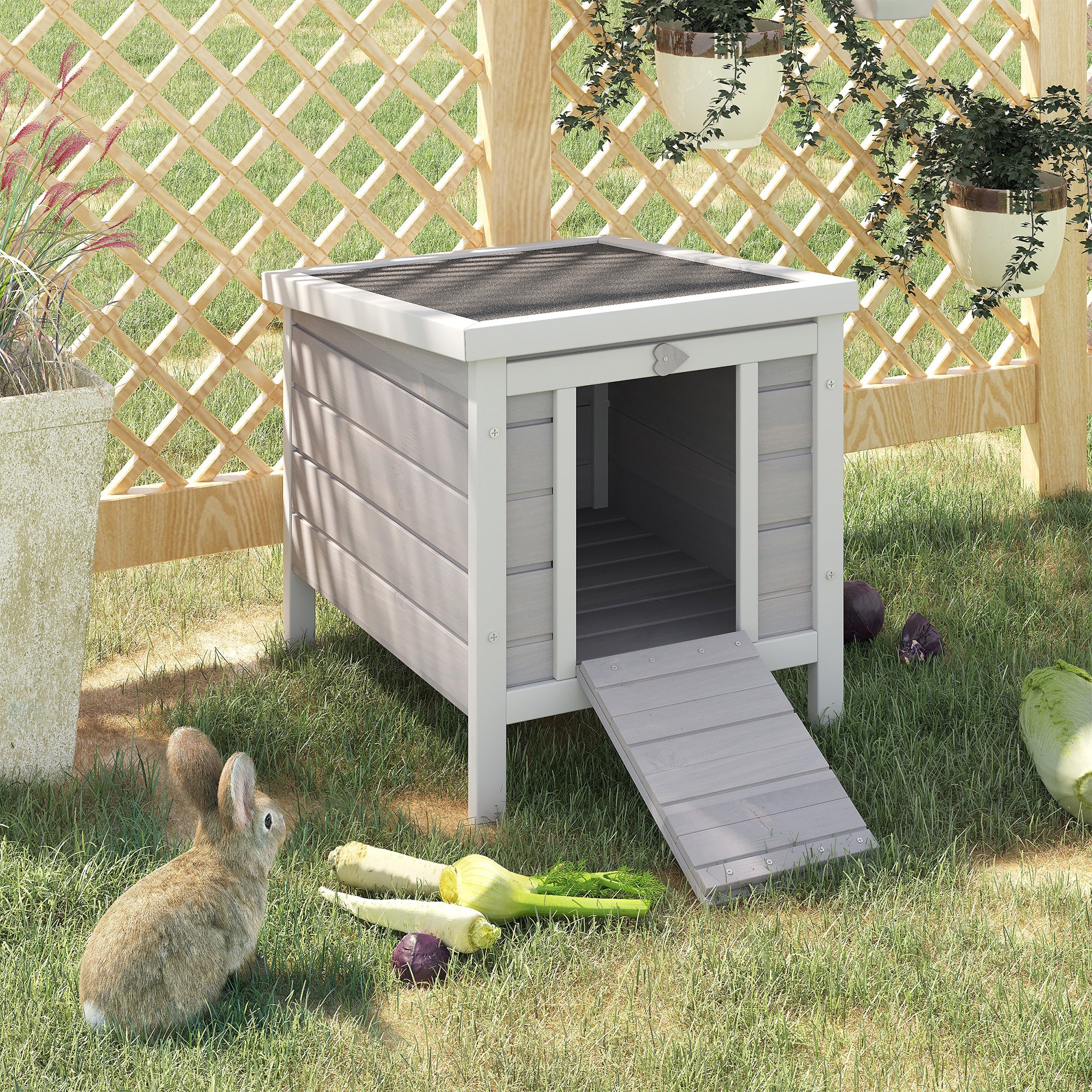Wooden Rabbit Hutch Bunny Cage Outdoor Cat House Guinea Pig Cage Duck Shelter, Indoor Outdoor Use, 20"x16.5"x17", Grey