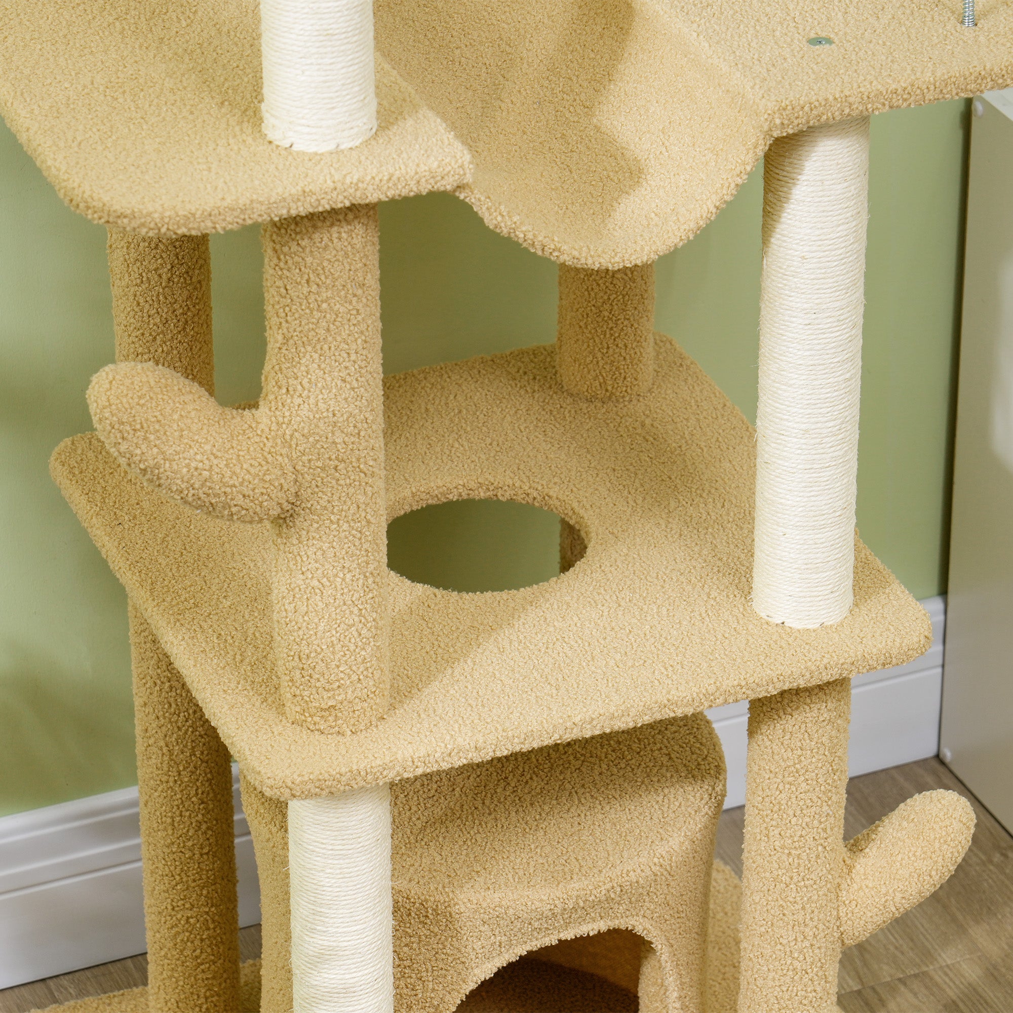 Floor to Ceiling Cat Tree, 89"-100" Adjustable Height Cactus Cat Climbing Tower for Indoor Cats with Grooming Brush Post, Cat Condo, Hammock, Sisal Scratching Posts, Brown
