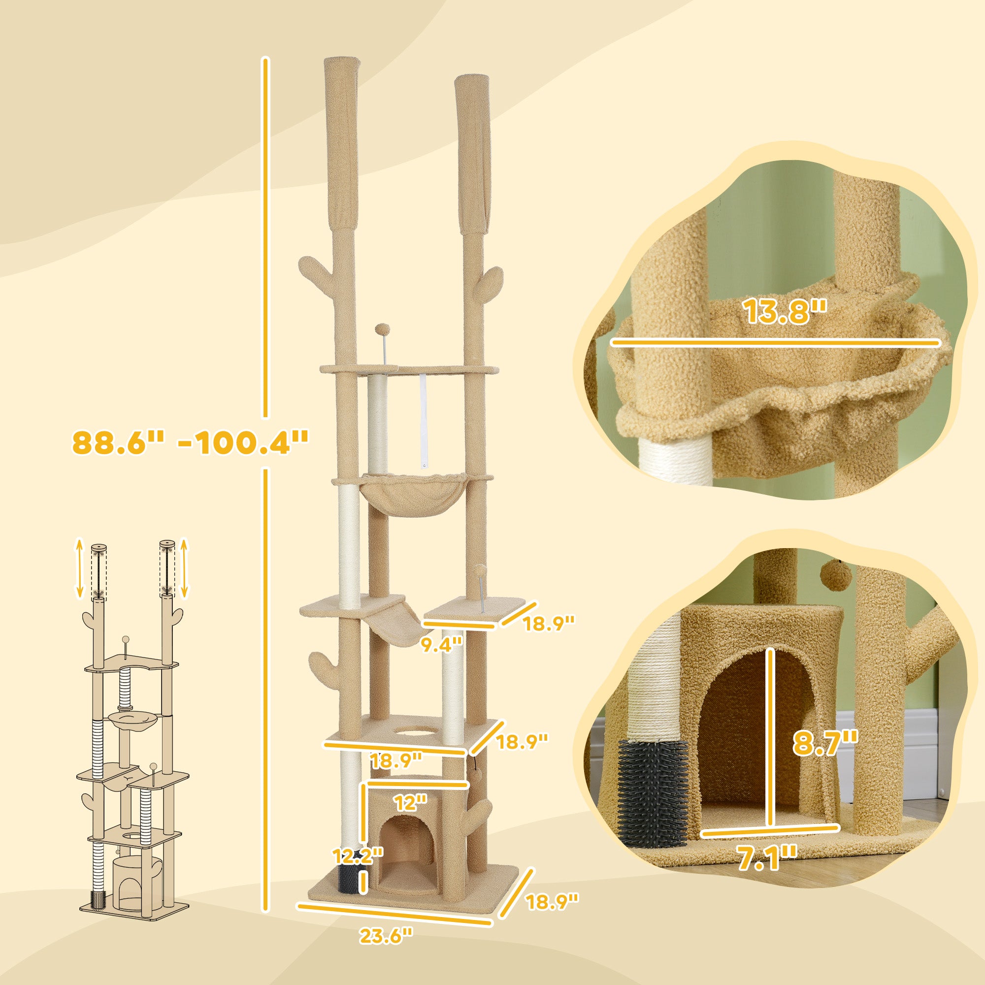 Floor to Ceiling Cat Tree, 89"-100" Adjustable Height Cactus Cat Climbing Tower for Indoor Cats with Grooming Brush Post, Cat Condo, Hammock, Sisal Scratching Posts, Brown
