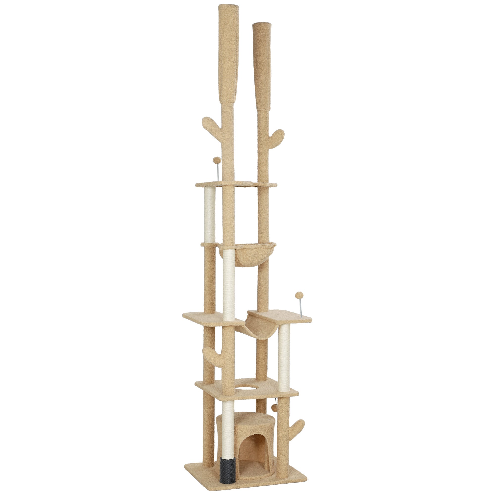 Floor to Ceiling Cat Tree, 89"-100" Adjustable Height Cactus Cat Climbing Tower for Indoor Cats with Grooming Brush Post, Cat Condo, Hammock, Sisal Scratching Posts, Brown