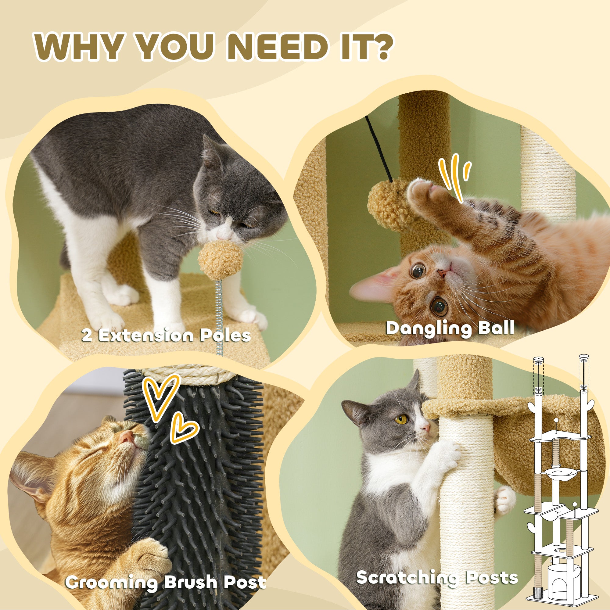 Floor to Ceiling Cat Tree, 89"-100" Adjustable Height Cactus Cat Climbing Tower for Indoor Cats with Grooming Brush Post, Cat Condo, Hammock, Sisal Scratching Posts, Brown