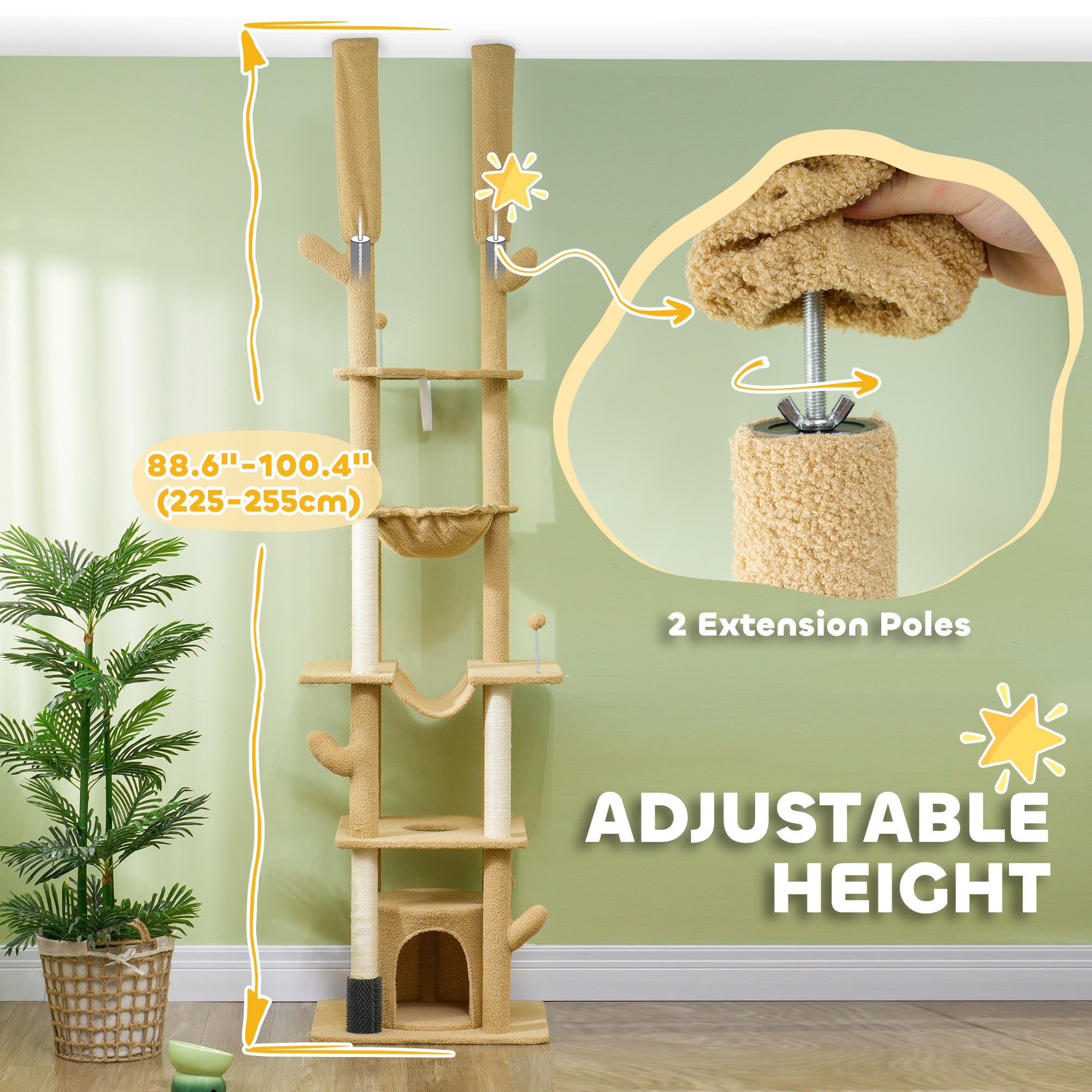 Floor to Ceiling Cat Tree, 89"-100" Adjustable Height Cactus Cat Climbing Tower for Indoor Cats with Grooming Brush Post, Cat Condo, Hammock, Sisal Scratching Posts, Brown