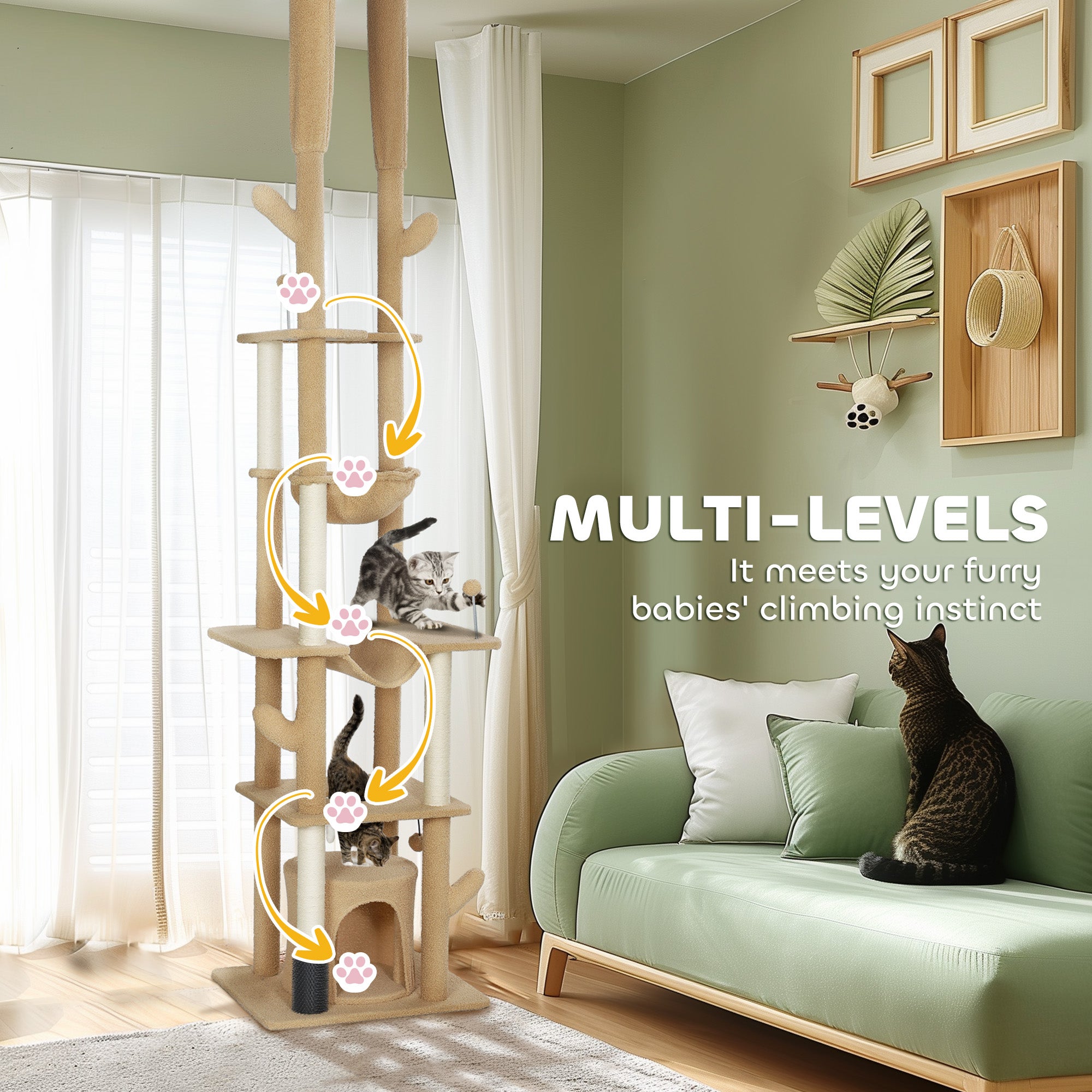 Floor to Ceiling Cat Tree, 89"-100" Adjustable Height Cactus Cat Climbing Tower for Indoor Cats with Grooming Brush Post, Cat Condo, Hammock, Sisal Scratching Posts, Brown