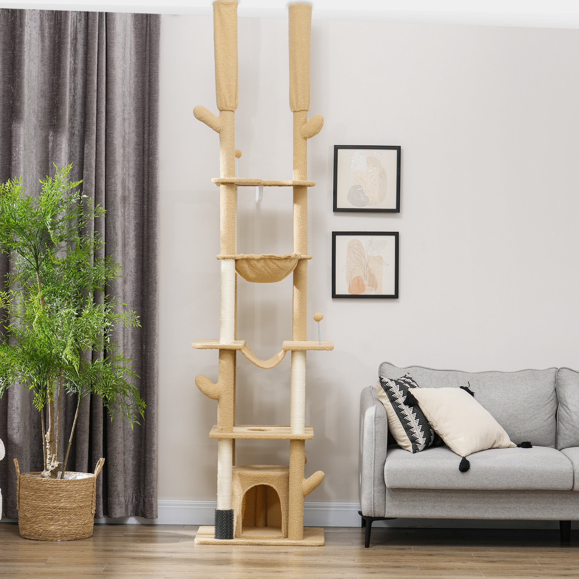 Floor to Ceiling Cat Tree, 89"-100" Adjustable Height Cactus Cat Climbing Tower for Indoor Cats with Grooming Brush Post, Cat Condo, Hammock, Sisal Scratching Posts, Brown