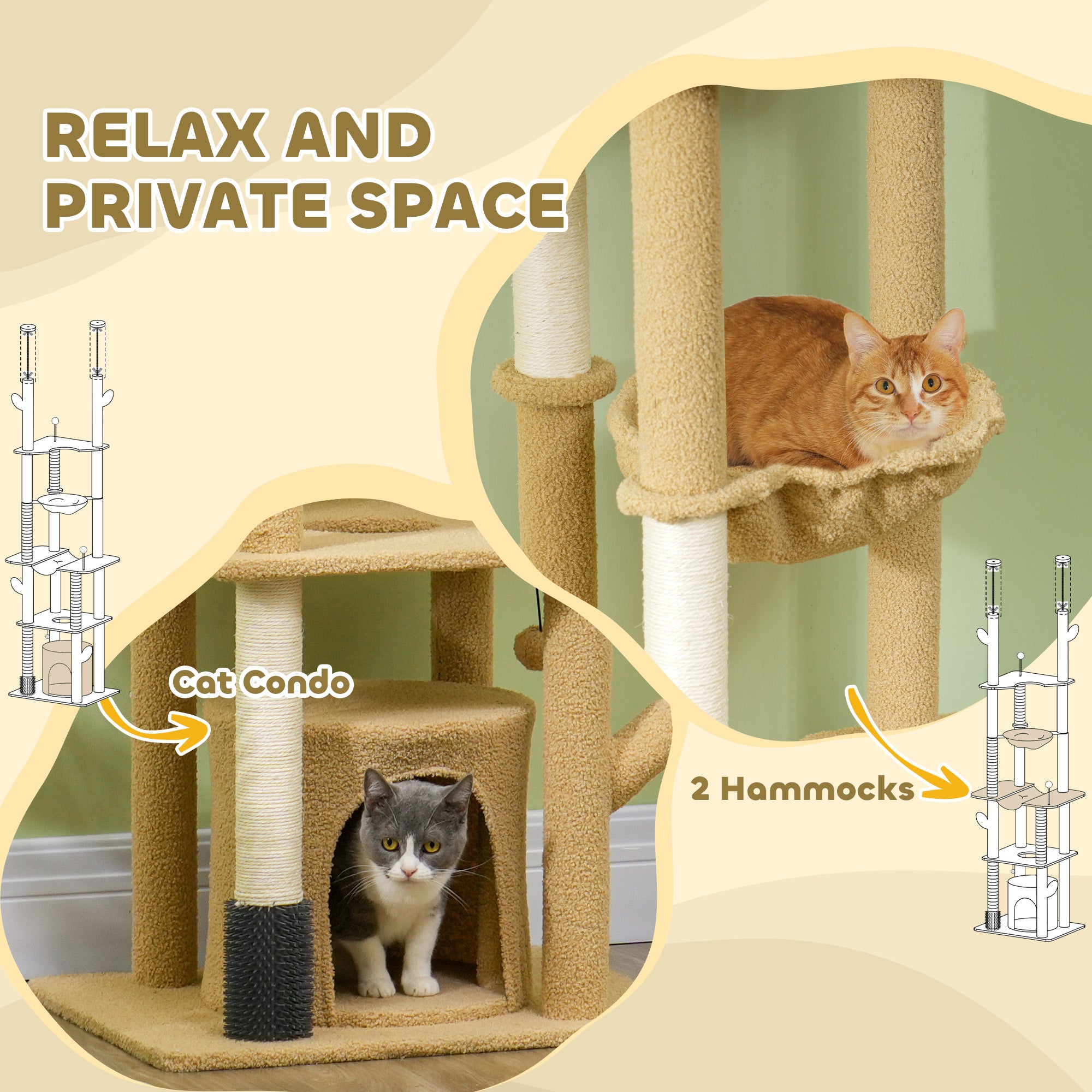 Floor to Ceiling Cat Tree, 89"-100" Adjustable Height Cactus Cat Climbing Tower for Indoor Cats with Grooming Brush Post, Cat Condo, Hammock, Sisal Scratching Posts, Brown