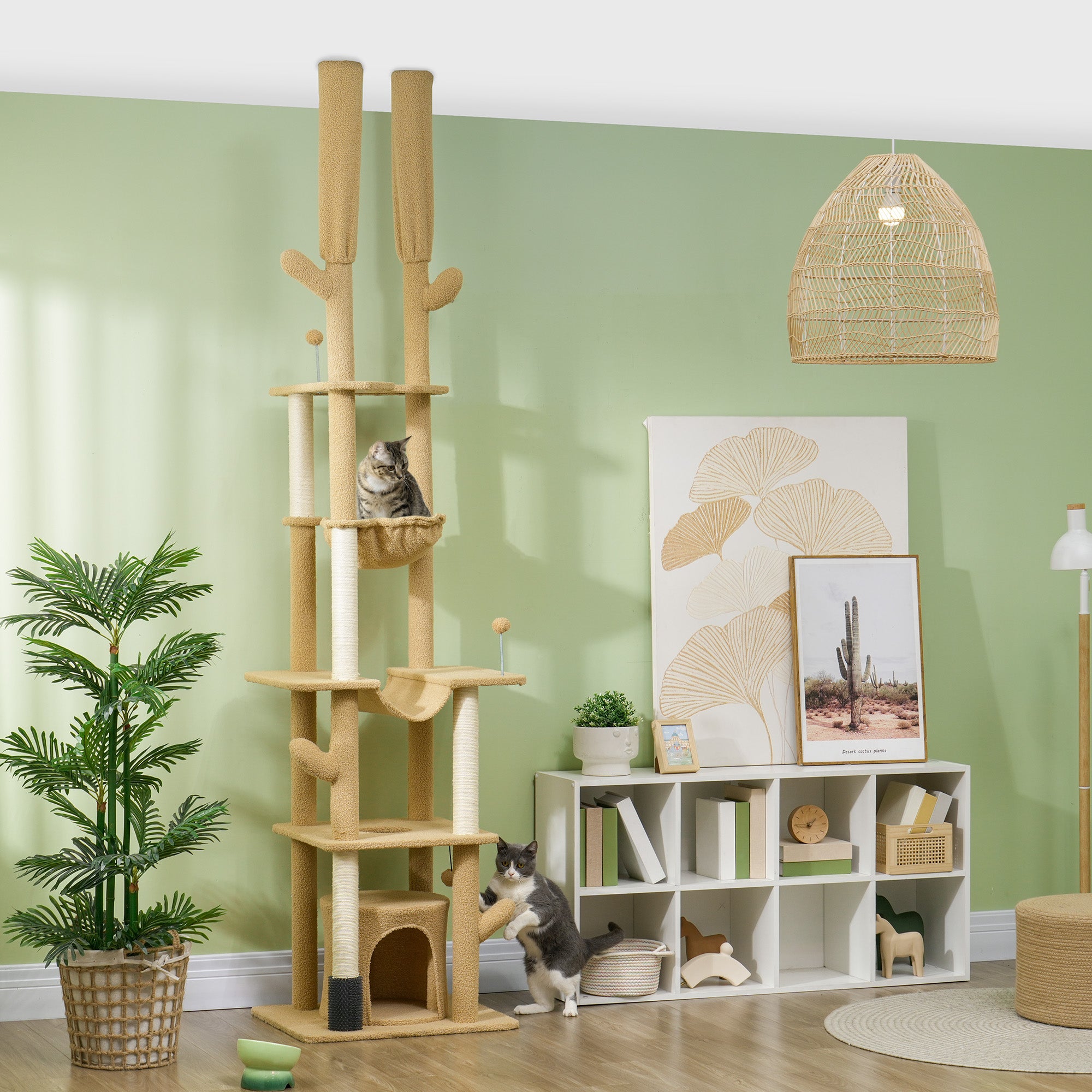 Floor to Ceiling Cat Tree, 89"-100" Adjustable Height Cactus Cat Climbing Tower for Indoor Cats with Grooming Brush Post, Cat Condo, Hammock, Sisal Scratching Posts, Brown