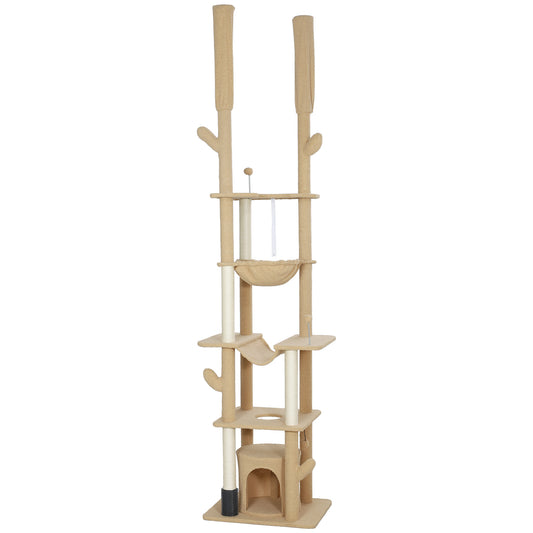 Floor to Ceiling Cat Tree, 89"-100" Adjustable Height Cactus Cat Climbing Tower for Indoor Cats with Grooming Brush Post, Cat Condo, Hammock, Sisal Scratching Posts, Brown