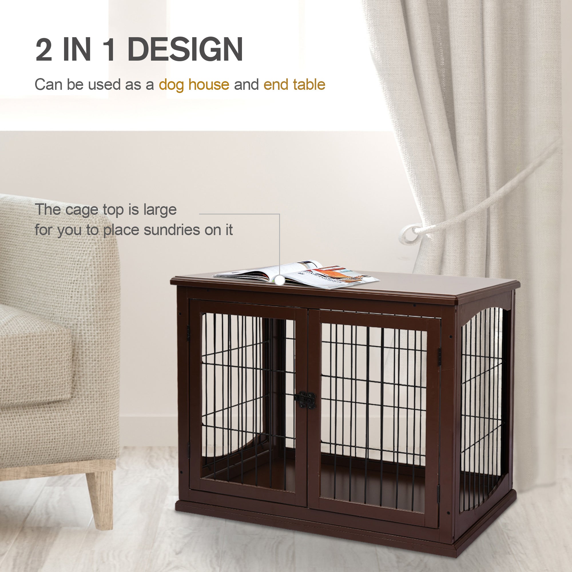 32" Wooden Dog Crate Furniture Dog Cage, Modern Side Table Pet Kennel with Double Lockable Door, 32" L x 23" W x 26" H, Brown