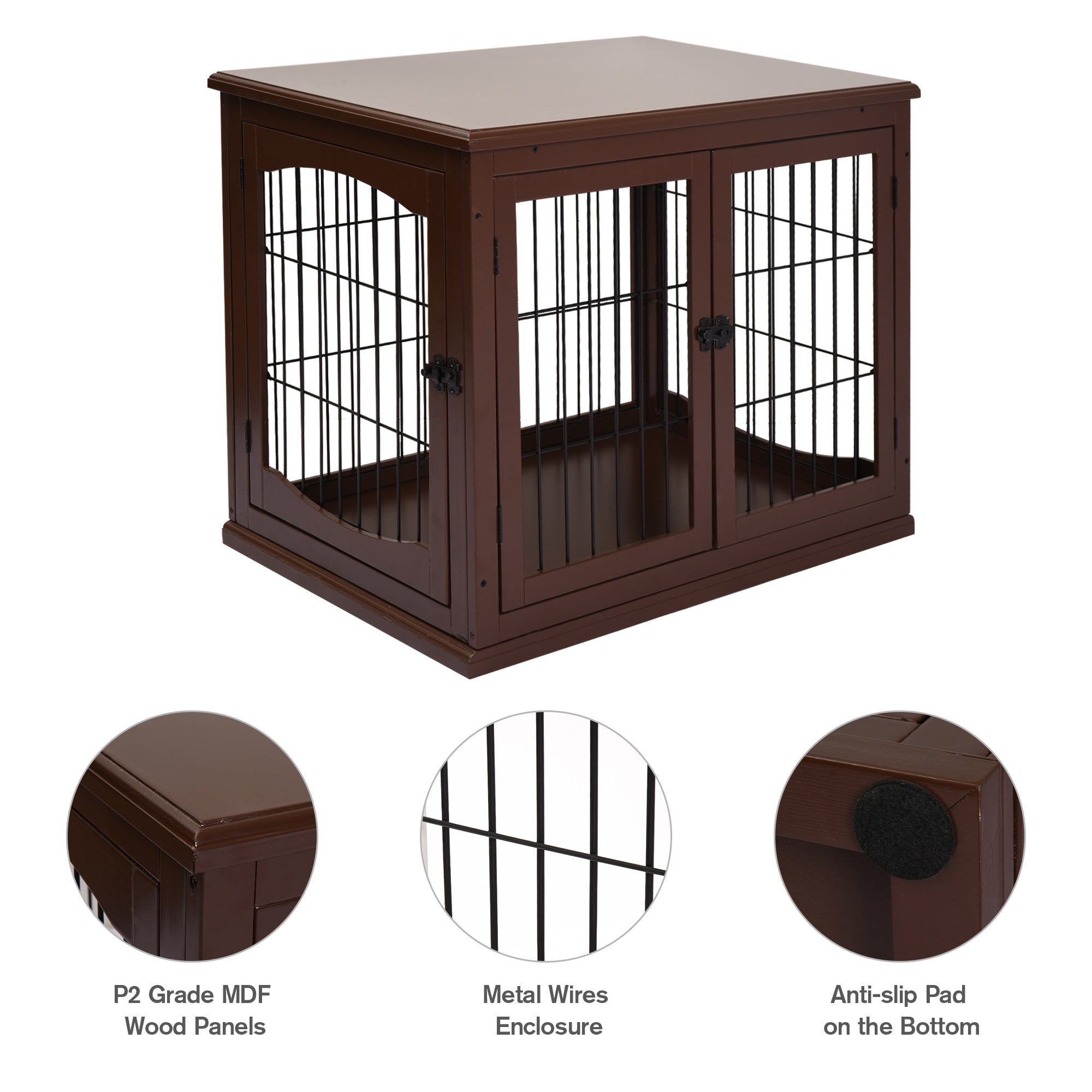 32" Wooden Dog Crate Furniture Dog Cage, Modern Side Table Pet Kennel with Double Lockable Door, 32" L x 23" W x 26" H, Brown