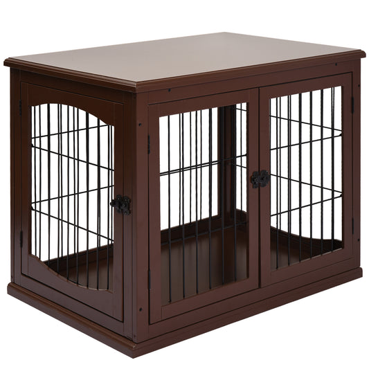 32" Wooden Dog Crate Furniture Dog Cage, Modern Side Table Pet Kennel with Double Lockable Door, 32" L x 23" W x 26" H, Brown