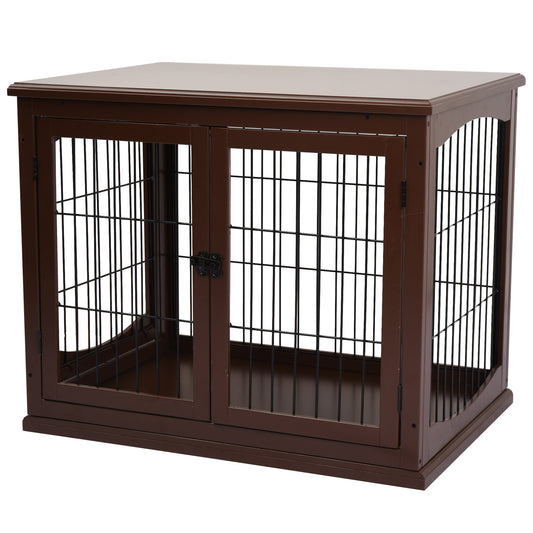 32" Wooden Dog Crate Furniture Dog Cage, Modern Side Table Pet Kennel with Double Lockable Door, 32" L x 23" W x 26" H, Brown