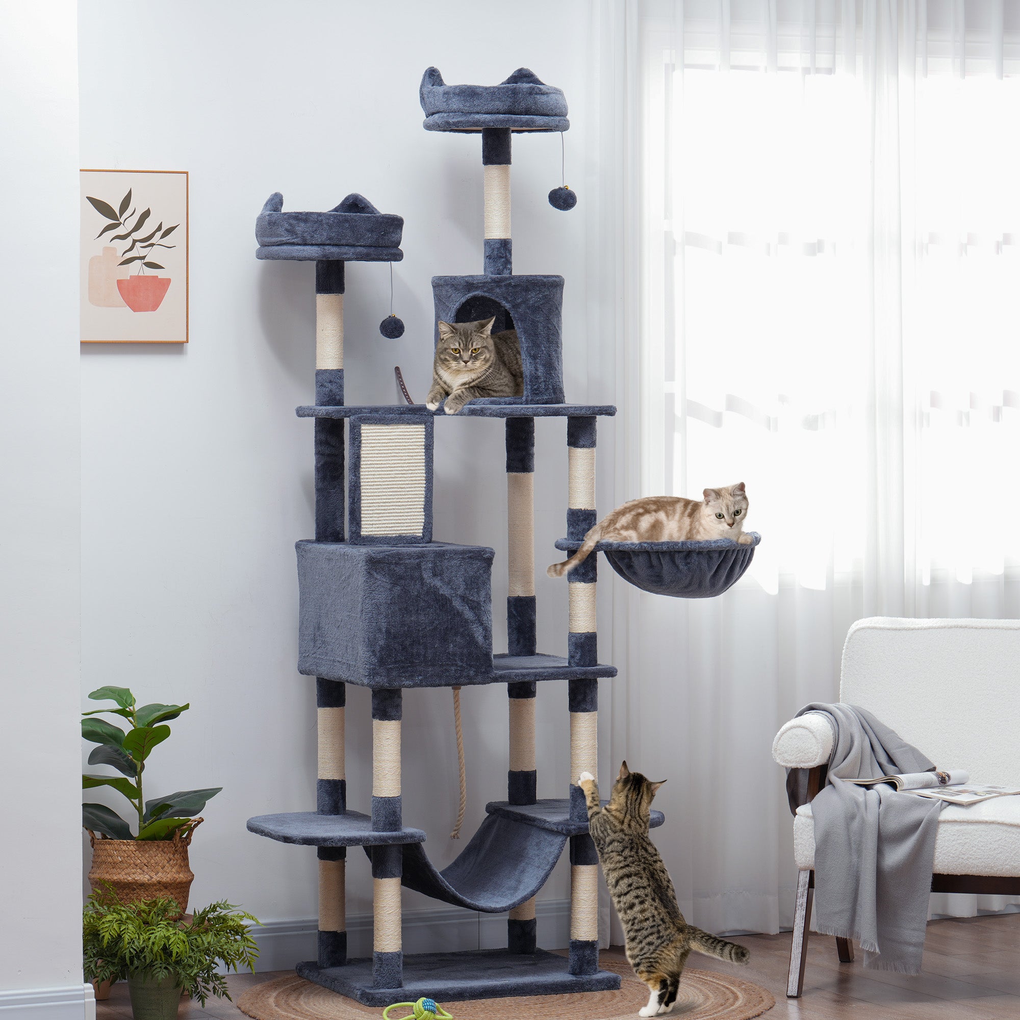 Cat Tree, 206cm Cat Tower with Sisal Scratching Posts and Board, Beds, Condos, Platforms, Hammocks, Toy Balls & Rope, Anti-Tip Kit, Kitten Activity Centre for Indoor, Dark Grey