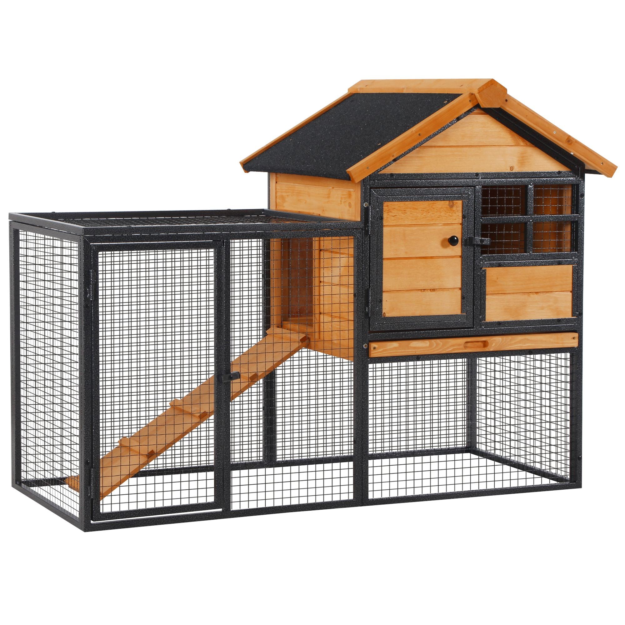 2-Level Rabbit Hutch Bunny House with Weatherproof Asphalt Roof, Removable Tray and Ramp for Rabbits, Chickens, Ducks, Outdoor