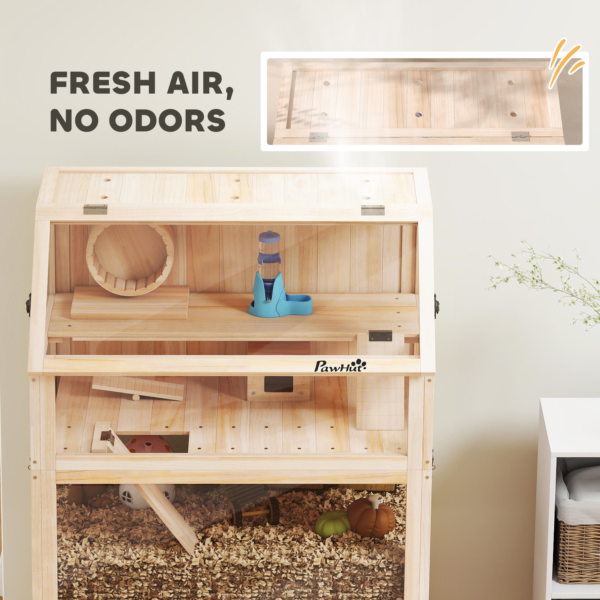 Wooden Hamster Cage, 3 Tier Small Animal Cage with Detachable Lower Floor, Storage Shelf, Hut, Seesaw, Exercise Wheel, Ramps, Hamster Habitat for Dwarf, Gerbil, 80L x 53W x 117H cm, Natural