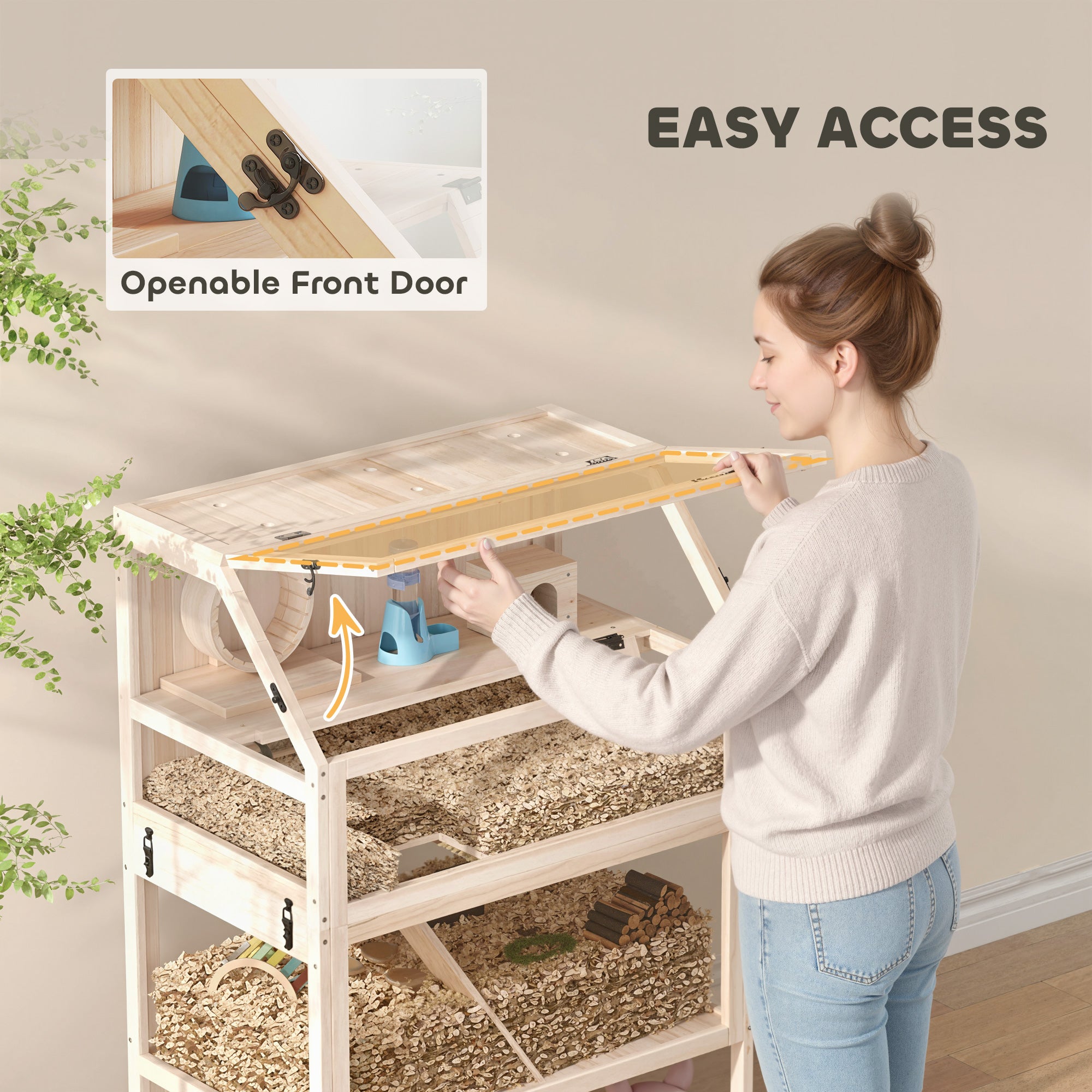 Wooden Hamster Cage, 3 Tier Small Animal Cage with Detachable Lower Floor, Storage Shelf, Hut, Seesaw, Exercise Wheel, Ramps, Hamster Habitat for Dwarf, Gerbil, 80L x 53W x 117H cm, Natural