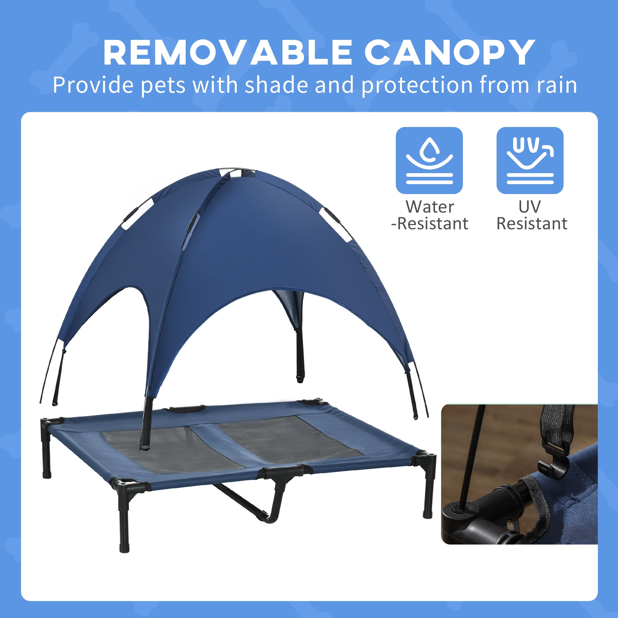 Elevated Dog Bed with Canopy, Portable Raised Dog Cot for L Sized Dogs, Indoor & Outdoor, 36" x 30" x 35", Dark Blue