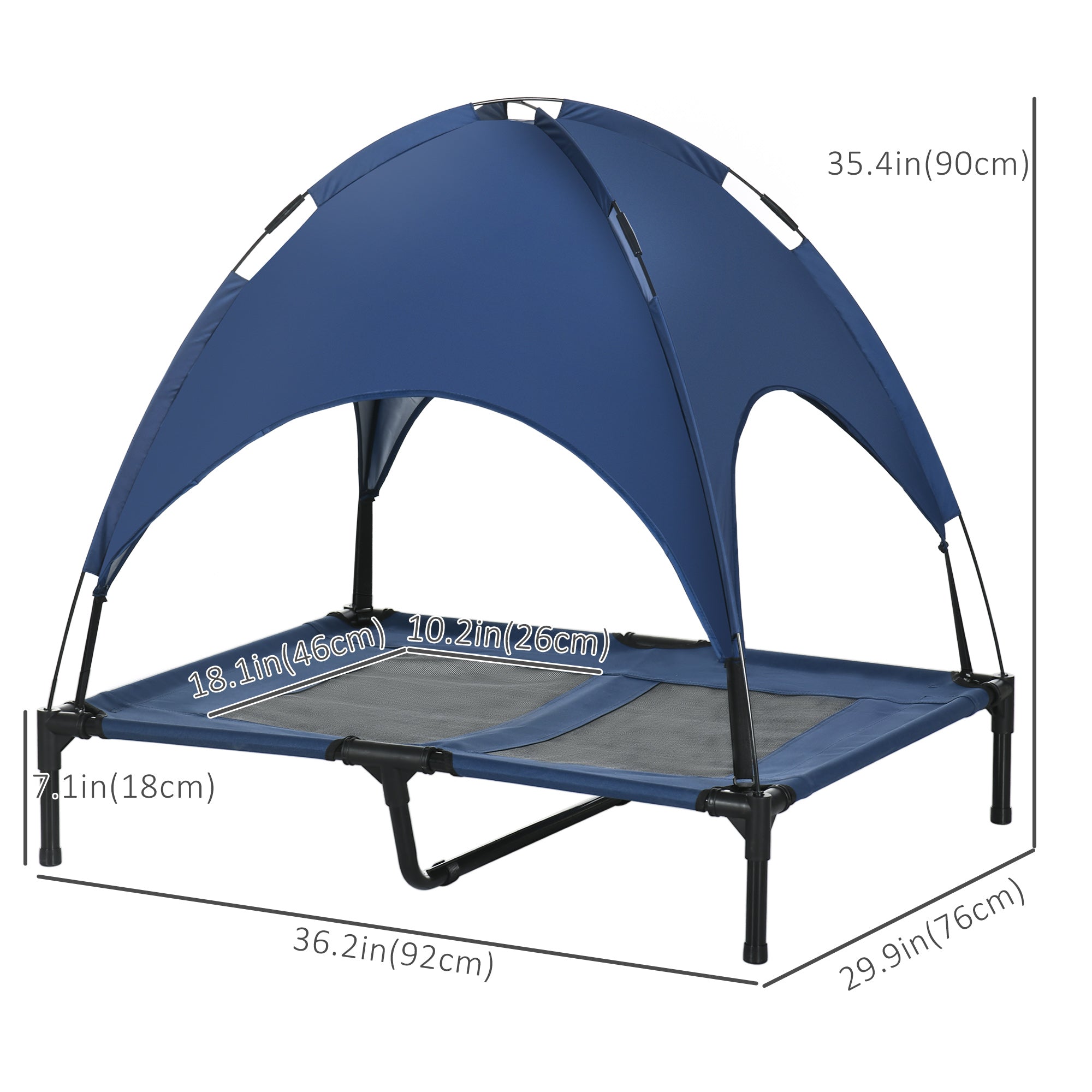 Elevated Dog Bed with Canopy, Portable Raised Dog Cot for L Sized Dogs, Indoor & Outdoor, 36" x 30" x 35", Dark Blue