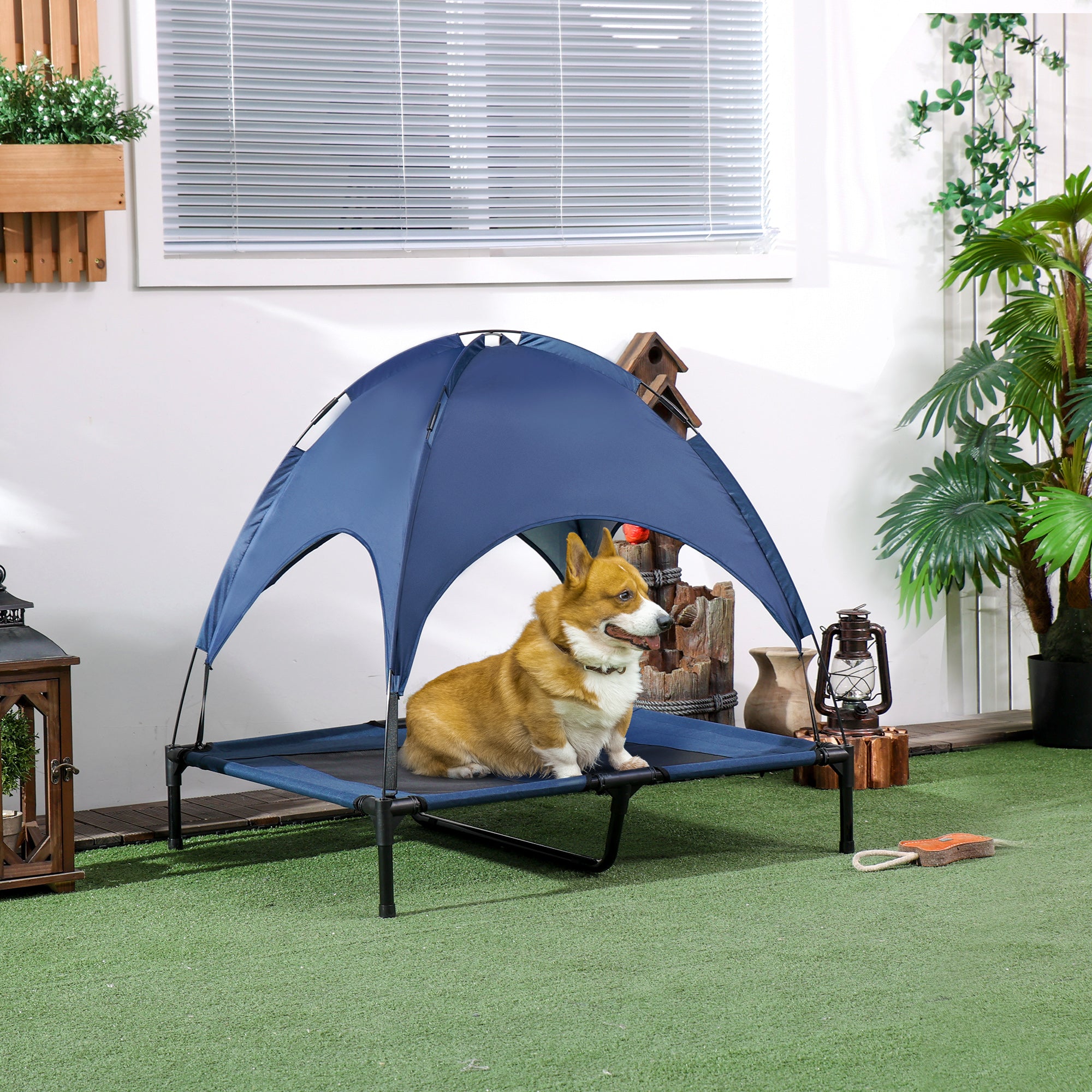 Elevated Dog Bed with Canopy, Portable Raised Dog Cot for L Sized Dogs, Indoor & Outdoor, 36" x 30" x 35", Dark Blue