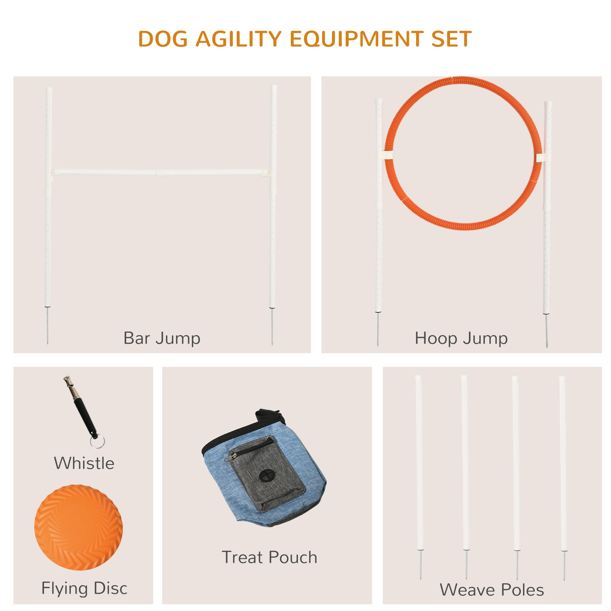 Dog Agility Training Equipment with Disc, Whistle, Weaves Poles, Adjustable Jumping Poles, Food Bag, 5 Pieces Dog Obstacle Course with Carry Bag, Multicoloured