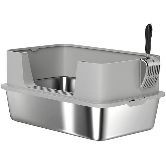 Stainless Steel Cat Litter Box, XL High Sided Cat Litter Box with Scoop, Anti Leakage & Easy to Clean, Pet Toilet for Big Kittens, 24" x 16" x 12", Grey