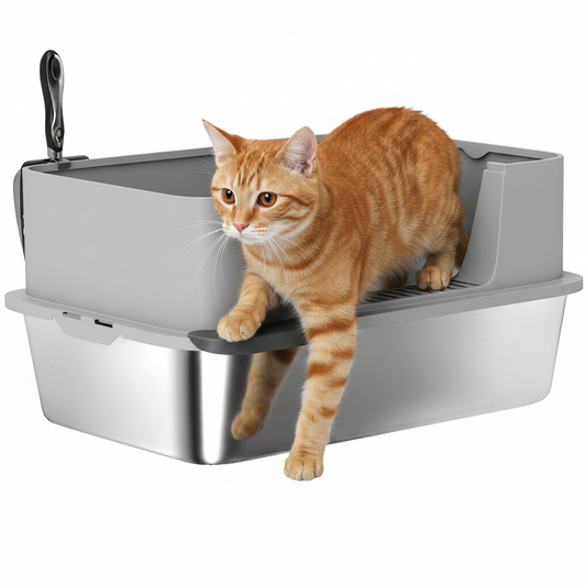 Bac à litière en acier inoxydable pour chat, grand format à bords hauts avec pelle, anti-fuites et facile à nettoyer, idéal pour les grands chatons, 61 x 41 x 30 cm, gris