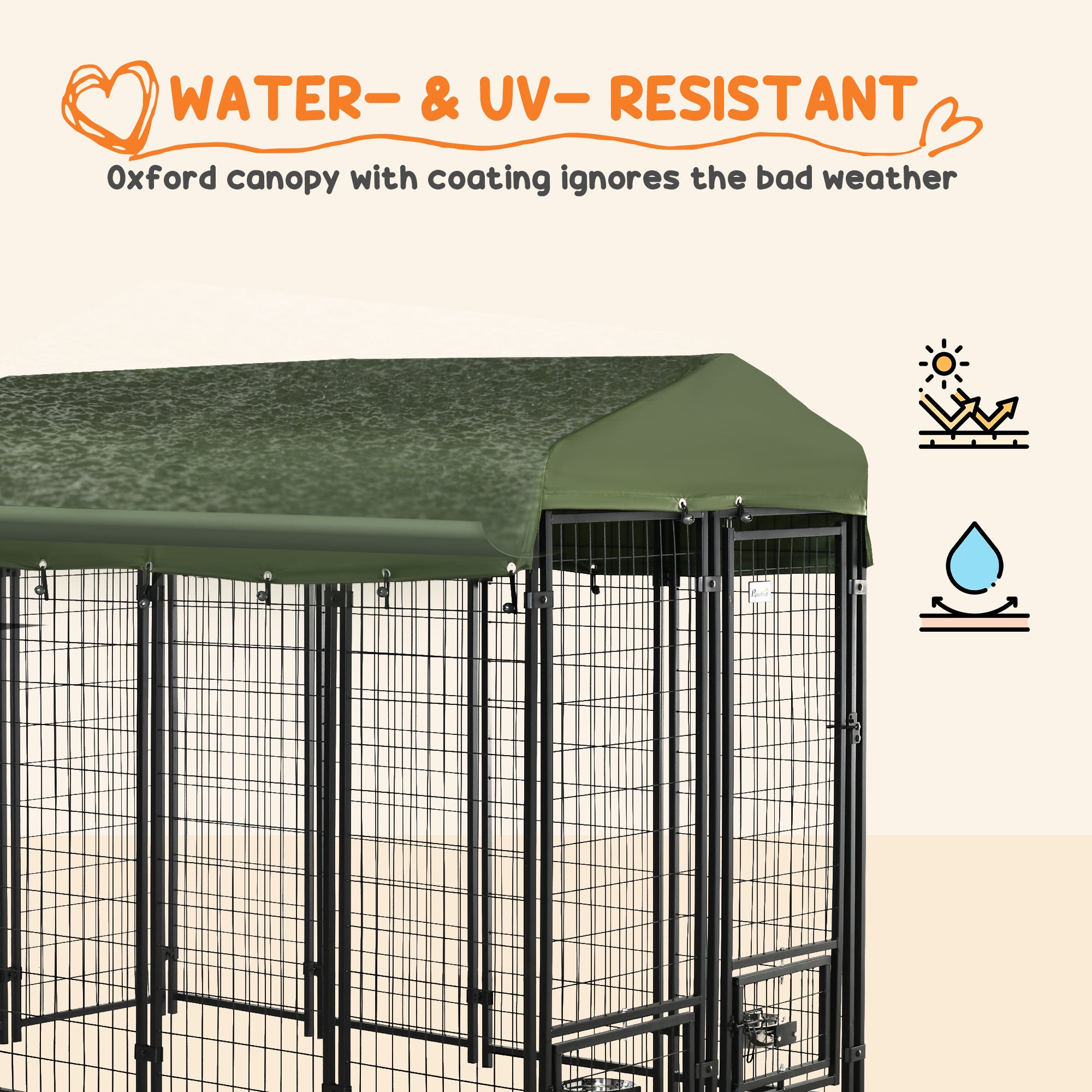Outdoor Dog Kennel, Run, Large Wire Steel Fence, Lockable Pet Playpen Enclosure, with Water-, UV-Resistant Canopy Top, Door, Rotating Bowl Holders, 8ft x 4ft x 6ft, Green