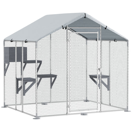 79" Extra Large Catio Outdoor Cat Enclosure, Walk In Cat Cage with Waterproof Cover, Resting Box, 4 Platforms, Metal Chicken Run Hen House Rabbit Hutch for Outside