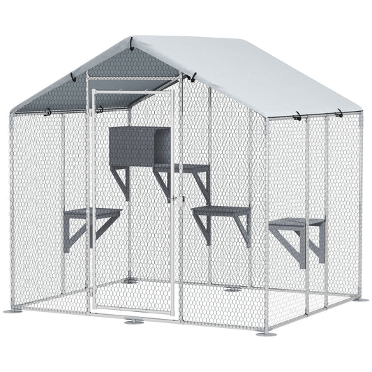 79" Extra Large Catio Outdoor Cat Enclosure, Walk In Cat Cage with Waterproof Cover, Resting Box, 4 Platforms, Metal Chicken Run Hen House Rabbit Hutch for Outside